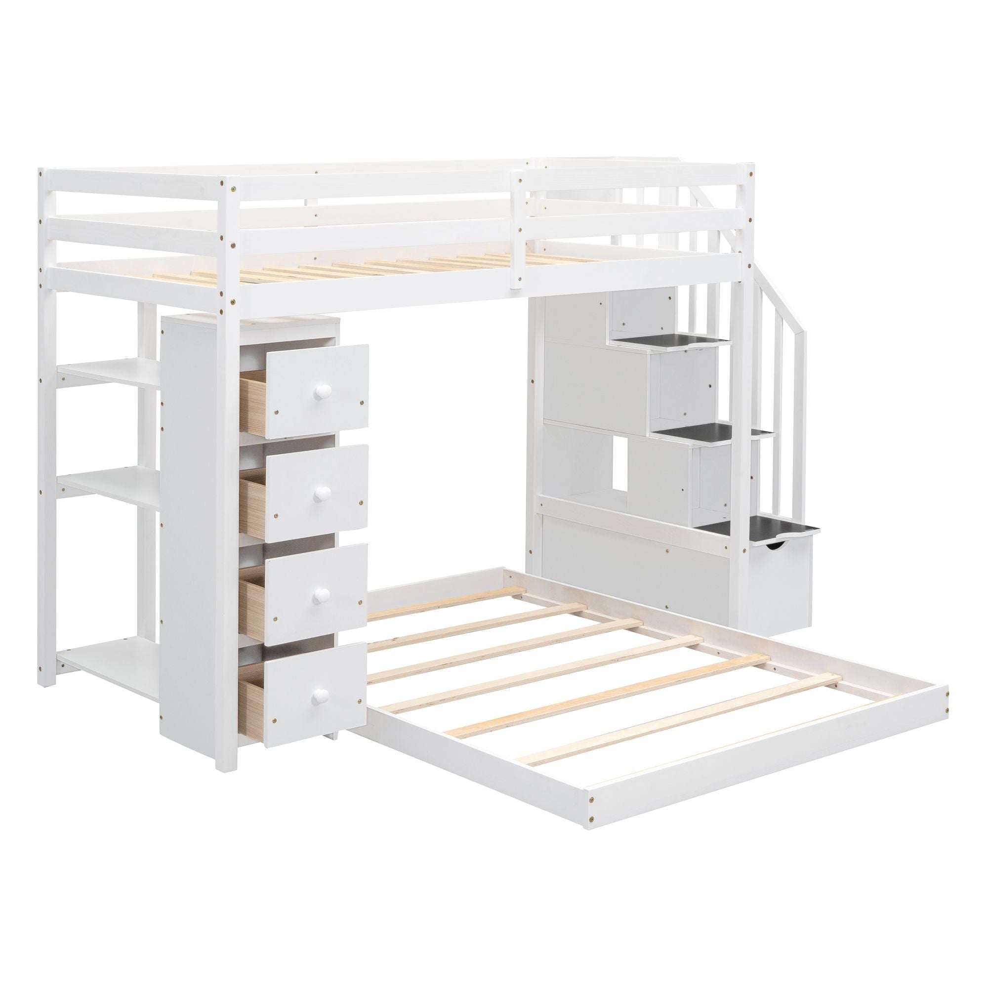 Kids Shared Room Twin Over Full Wood Bunk Bed with Storage Stairs, Shelves, Drawers White | Just Better Bunk Beds