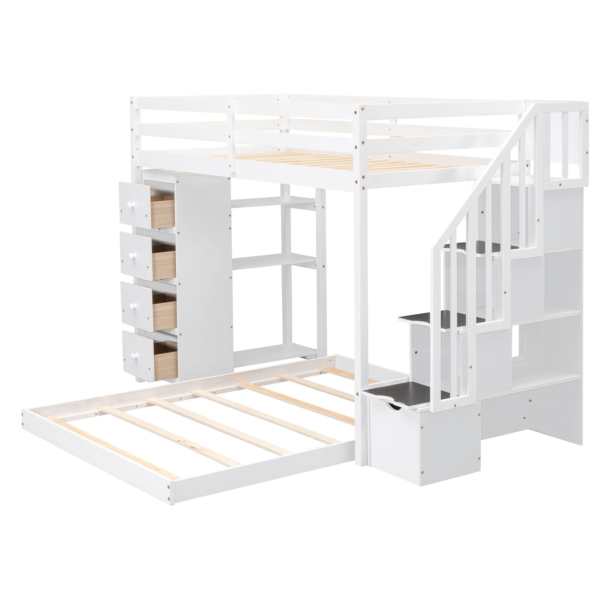 Kids Shared Room Twin Over Full Wood Bunk Bed with Storage Stairs, Shelves, Drawers White | Just Better Bunk Beds