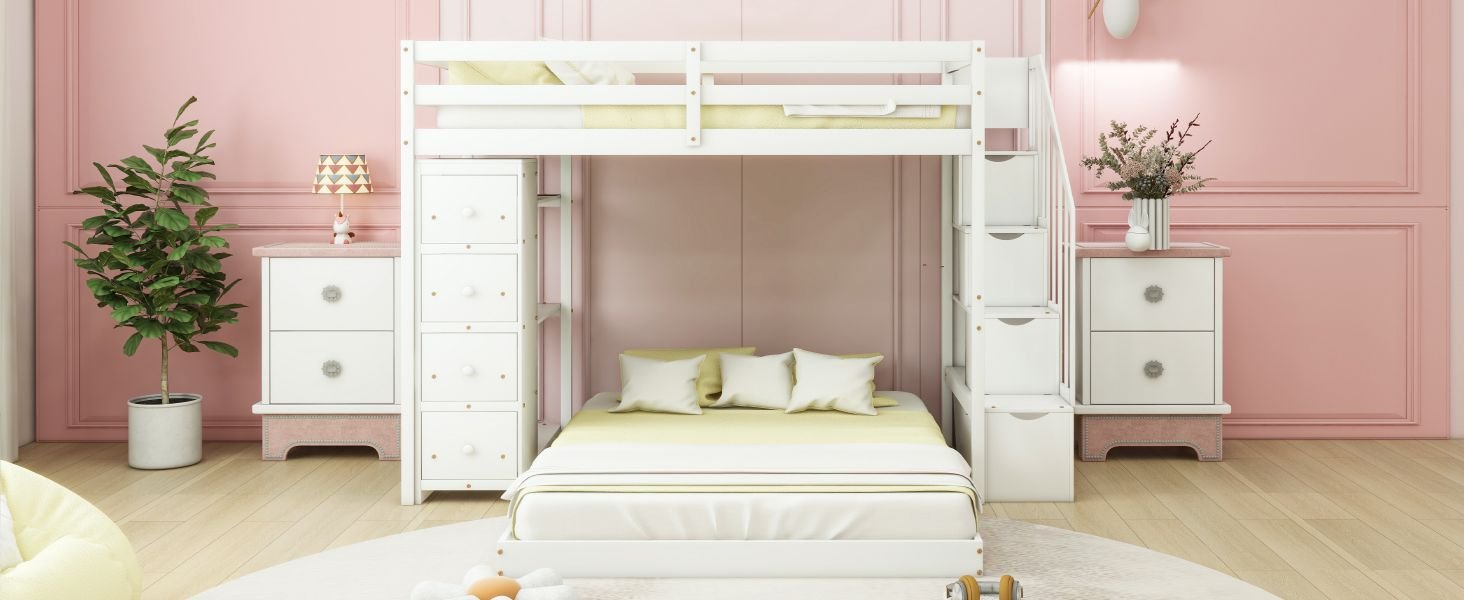 Kids Shared Room Twin Over Full Wood Bunk Bed with Storage Stairs, Shelves, Drawers White | Just Better Bunk Beds