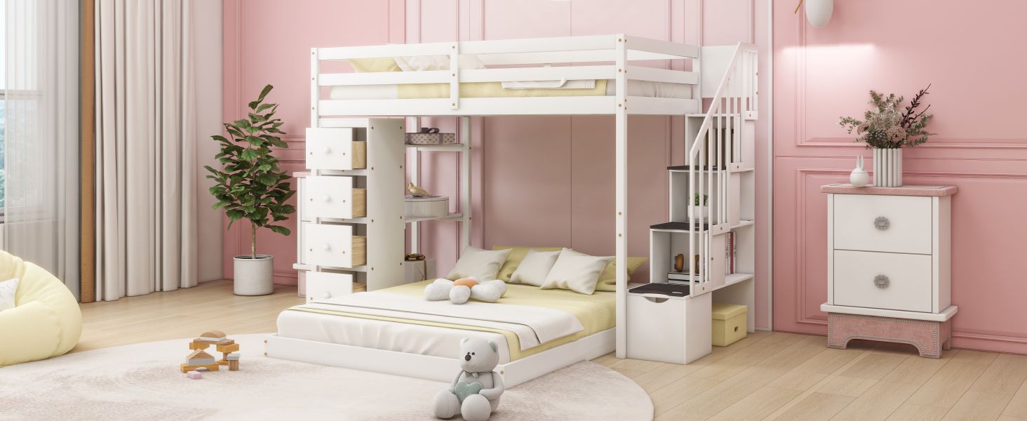 Kids Shared Room Twin Over Full Wood Bunk Bed with Storage Stairs, Shelves, Drawers White | Just Better Bunk Beds