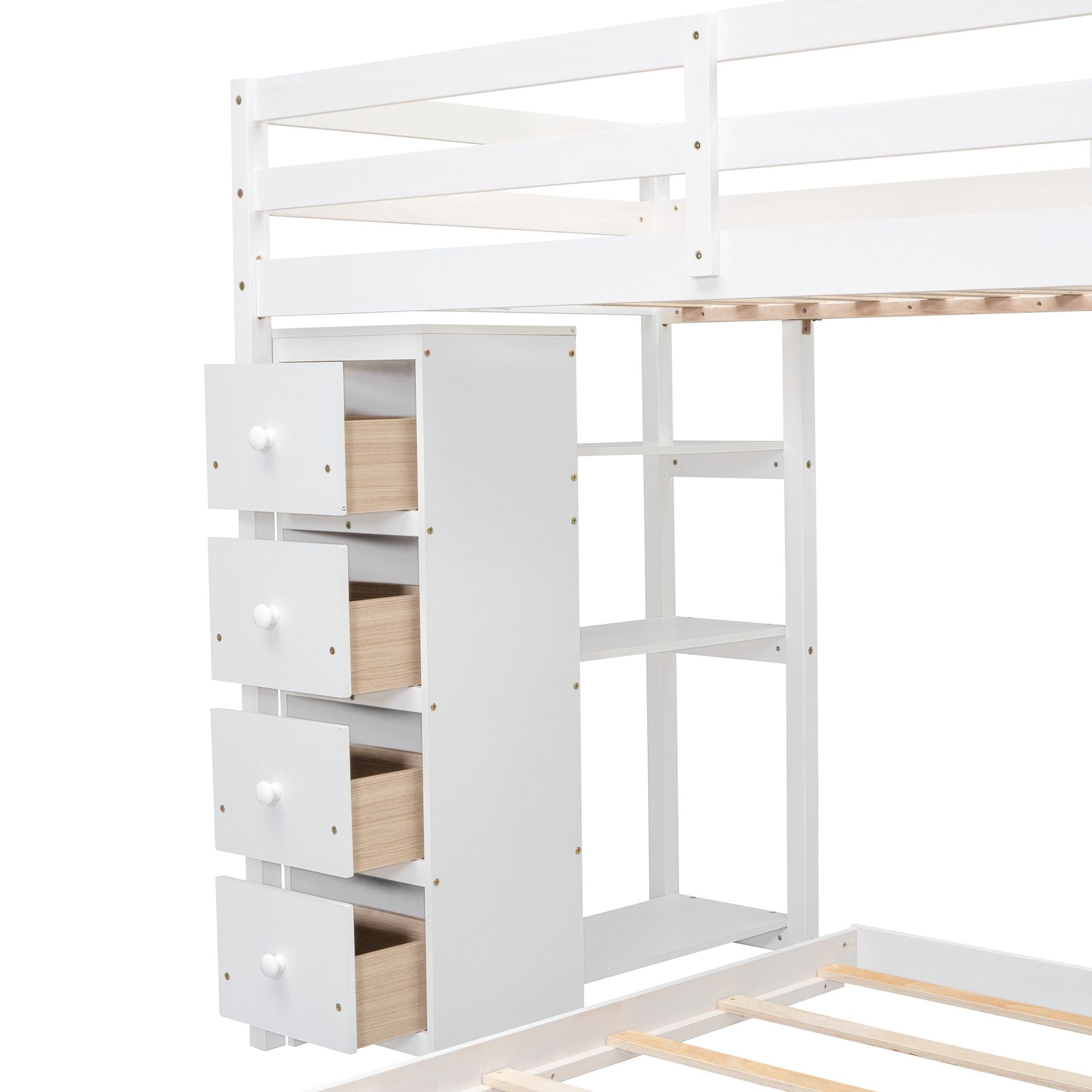 Kids Shared Room Twin Over Full Wood Bunk Bed with Storage Stairs, Shelves, Drawers White | Just Better Bunk Beds