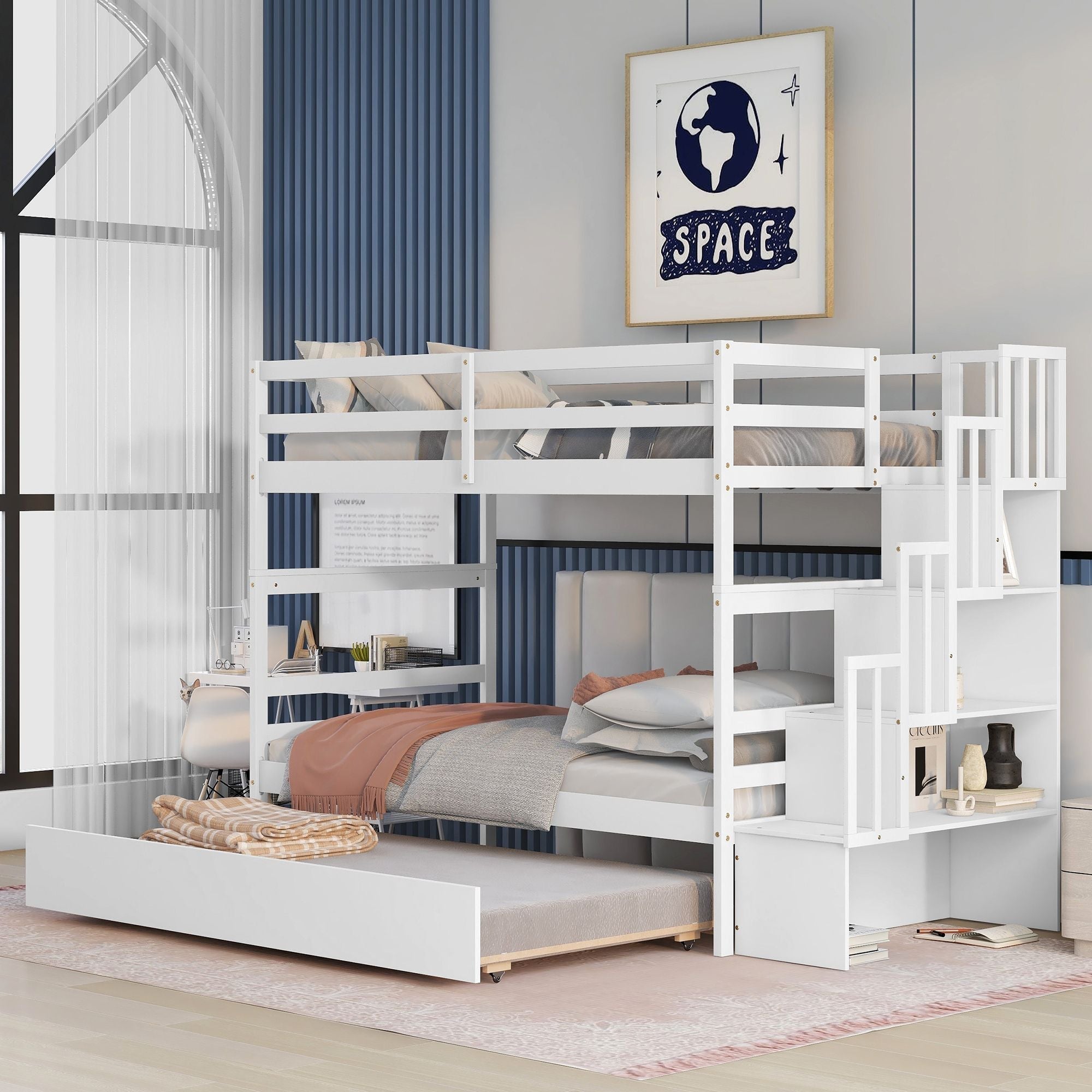 Kids Shared Room Twin over Twin Bunk Bed with Trundle and Stairway Storage White Wood | Just Better Bunk Beds