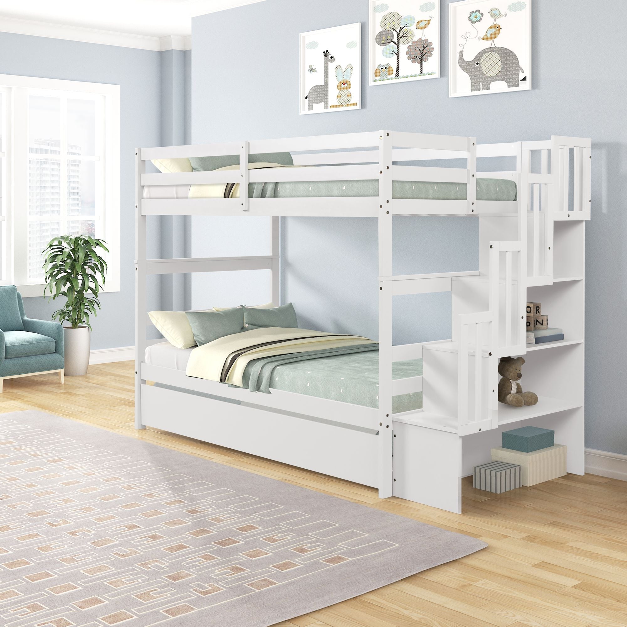 Kids Shared Room Twin over Twin Bunk Bed with Trundle and Stairway Storage White Wood | Just Better Bunk Beds