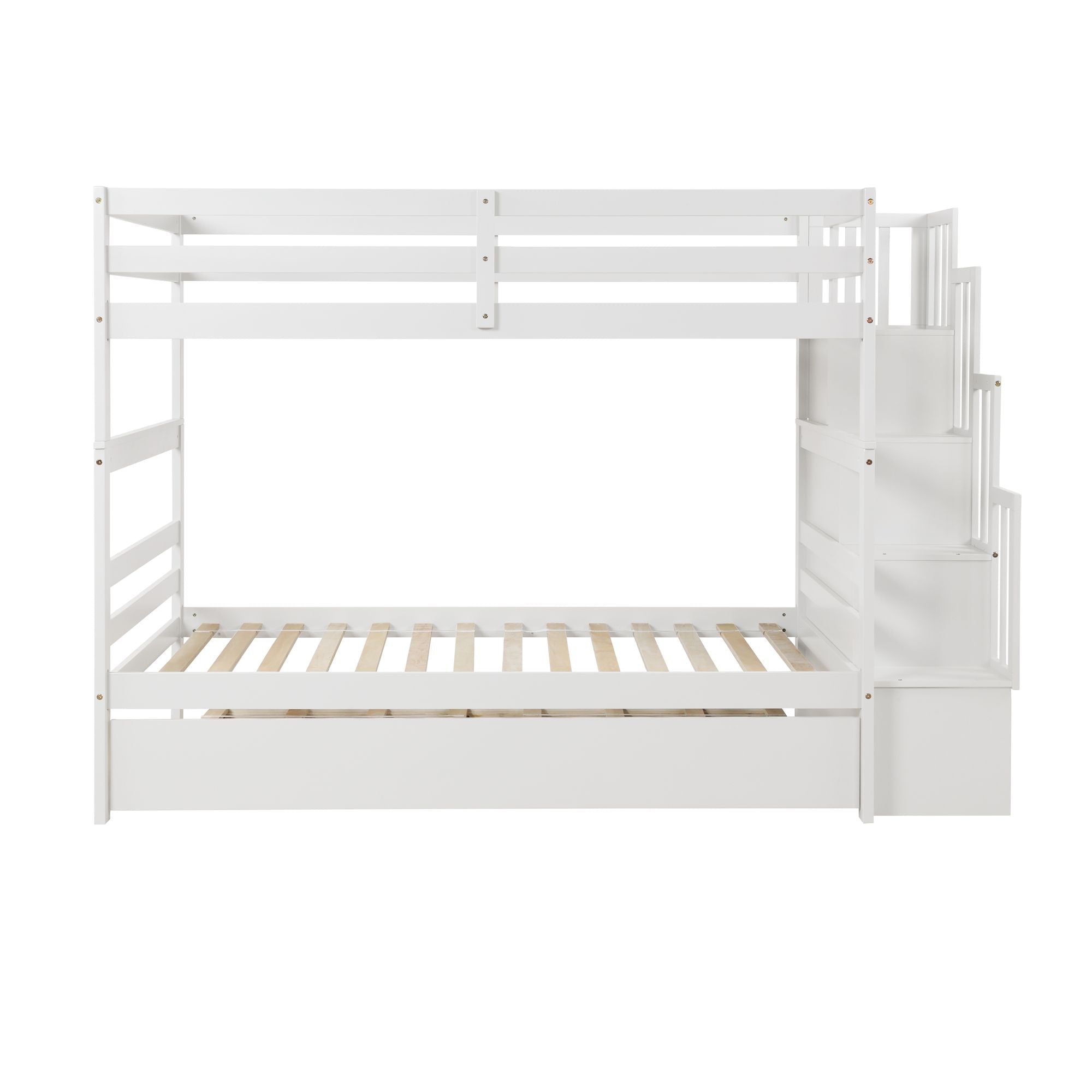 Kids Shared Room Twin over Twin Bunk Bed with Trundle and Stairway Storage White Wood | Just Better Bunk Beds
