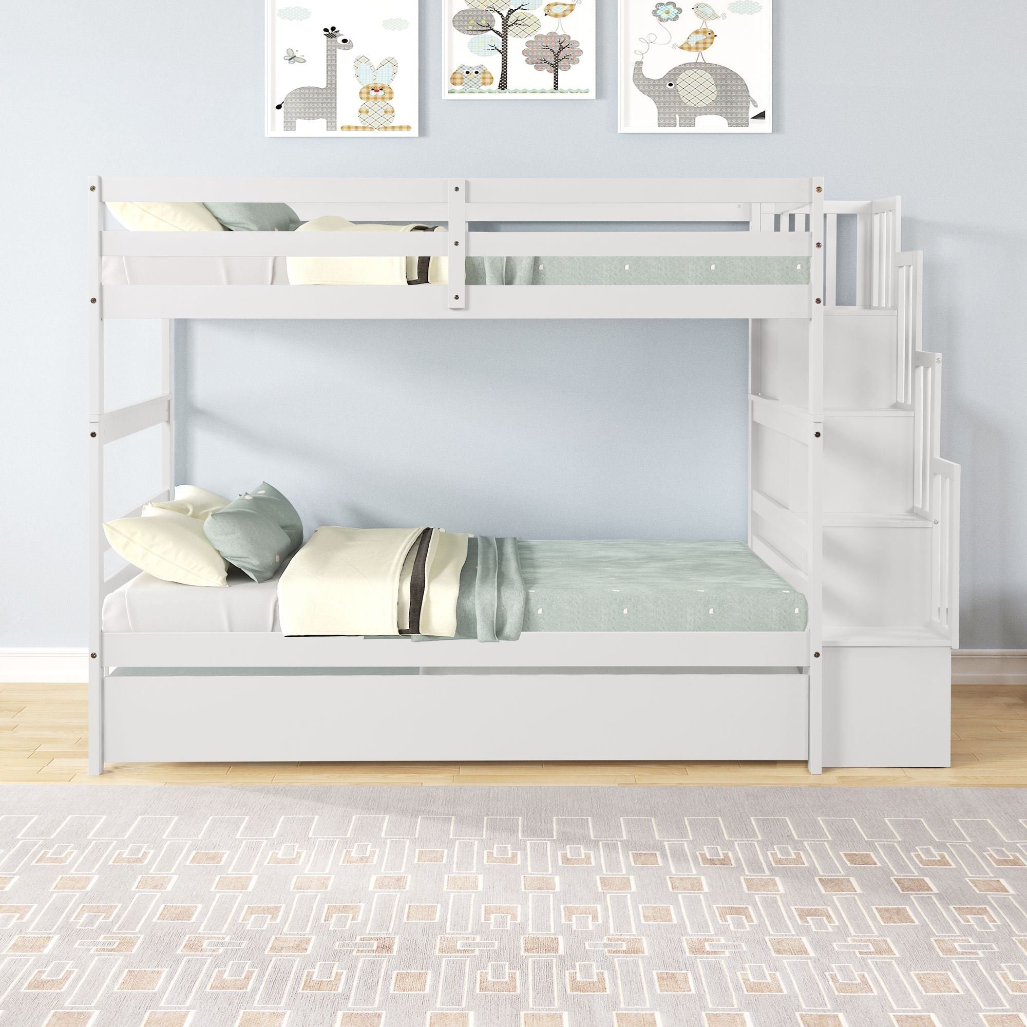 Kids Shared Room Twin over Twin Bunk Bed with Trundle and Stairway Storage White Wood | Just Better Bunk Beds