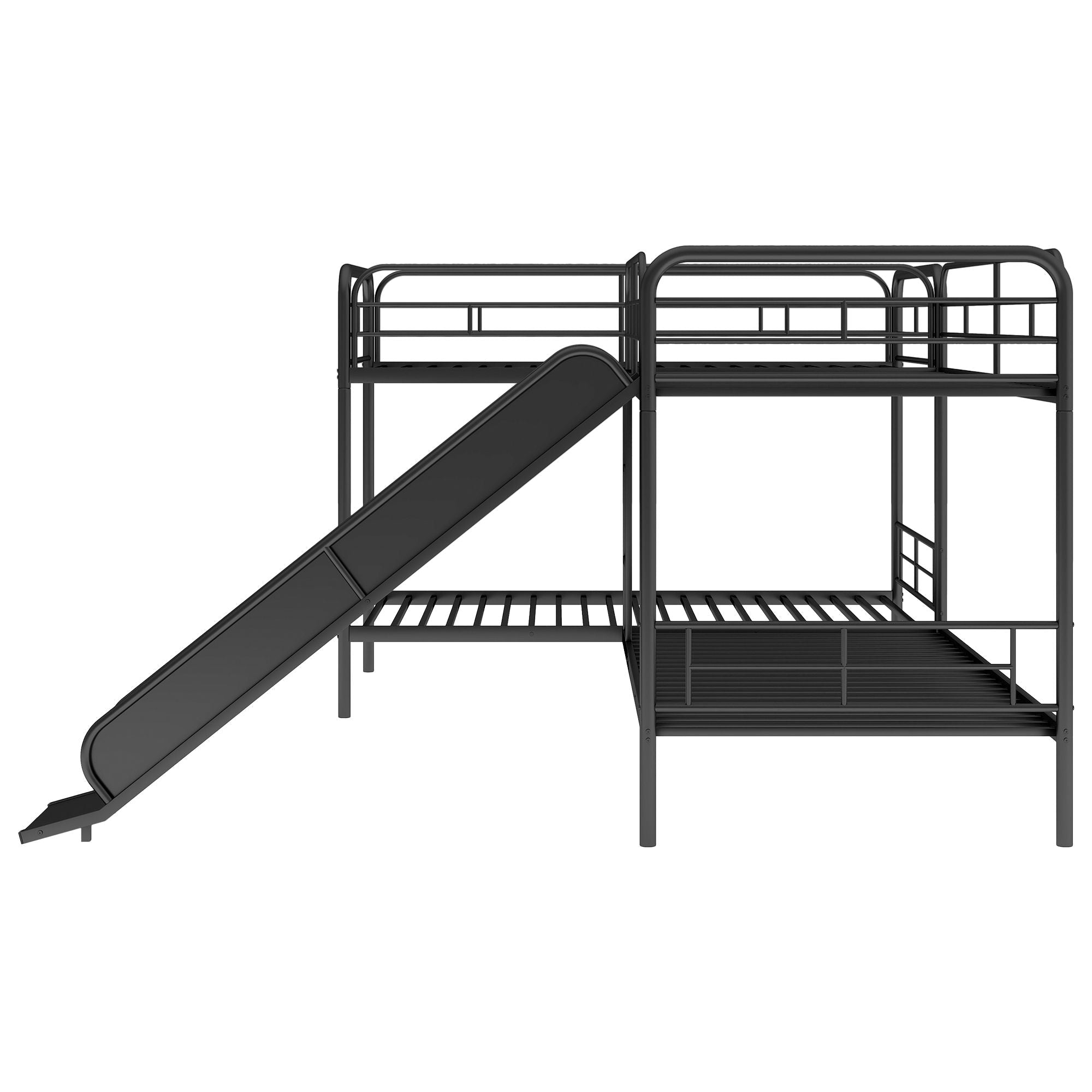 Kids Shared Room Twin Over Twin L-Shaped Metal Bunk Bed with Slide and Ladder, Black | Just Better Bunk Beds