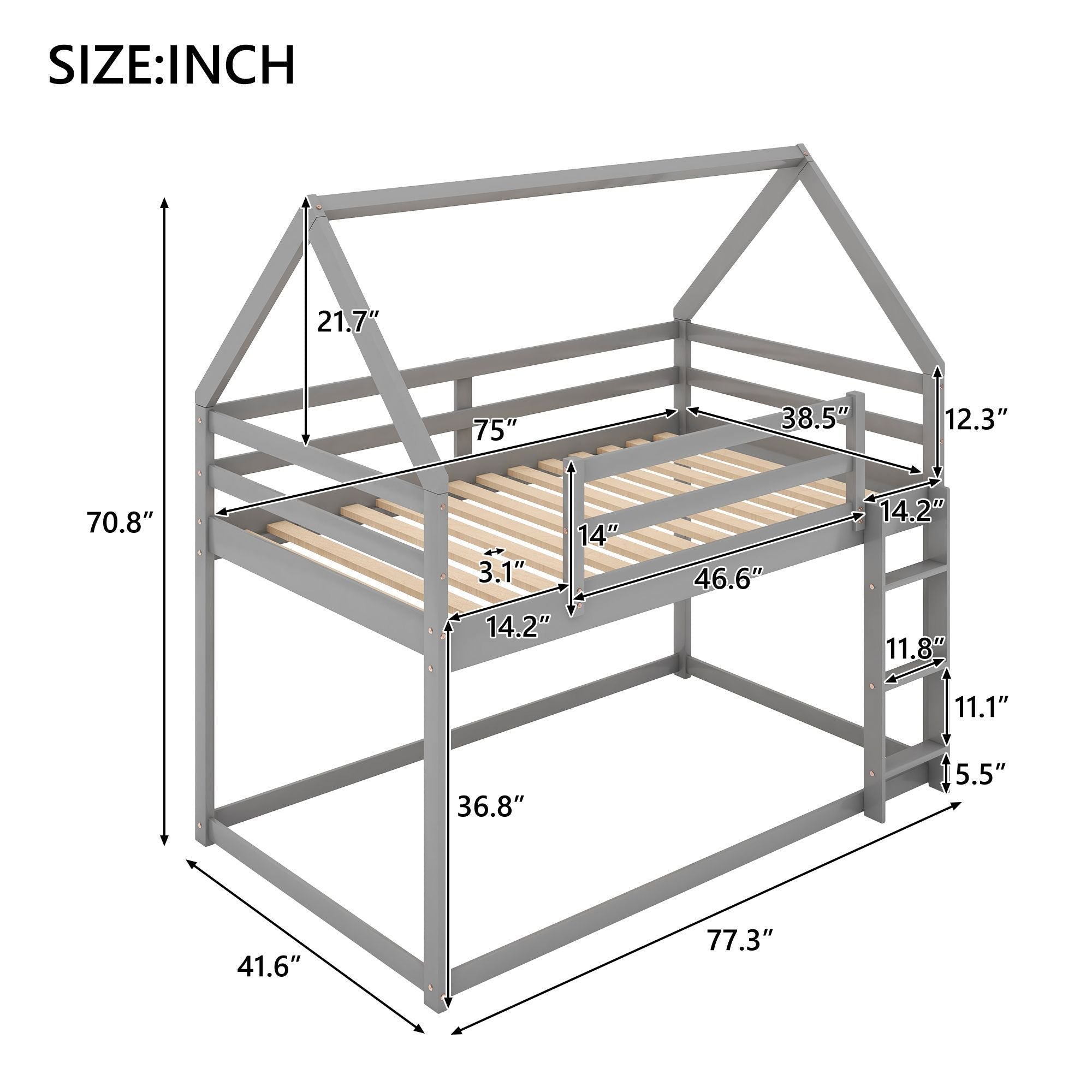 Kids Shared Room Twin Over Twin Low Wood Bunk Bed with House Frame and Ladder, Gray | Just Better Bunk Beds