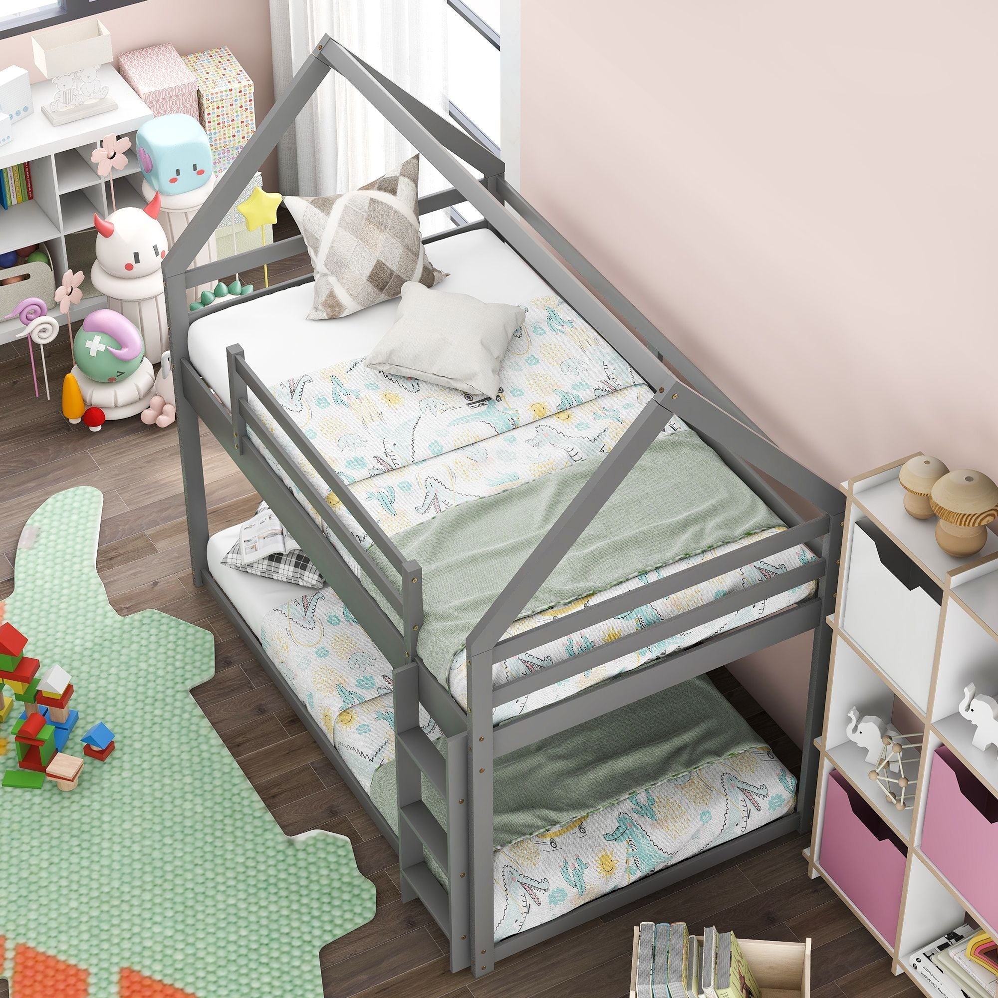 Kids Shared Room Twin Over Twin Low Wood Bunk Bed with House Frame and Ladder, Gray | Just Better Bunk Beds