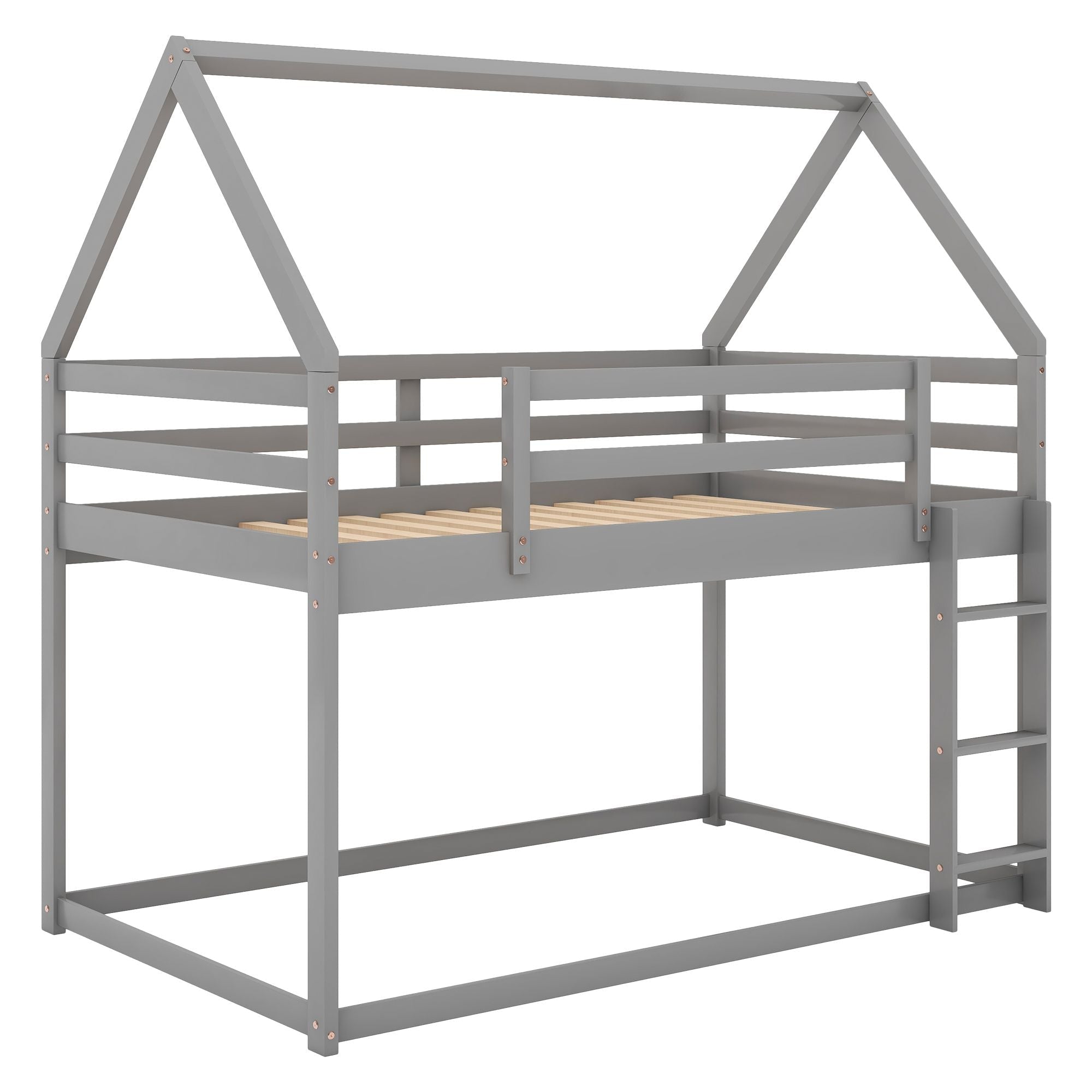 Kids Shared Room Twin Over Twin Low Wood Bunk Bed with House Frame and Ladder, Gray | Just Better Bunk Beds