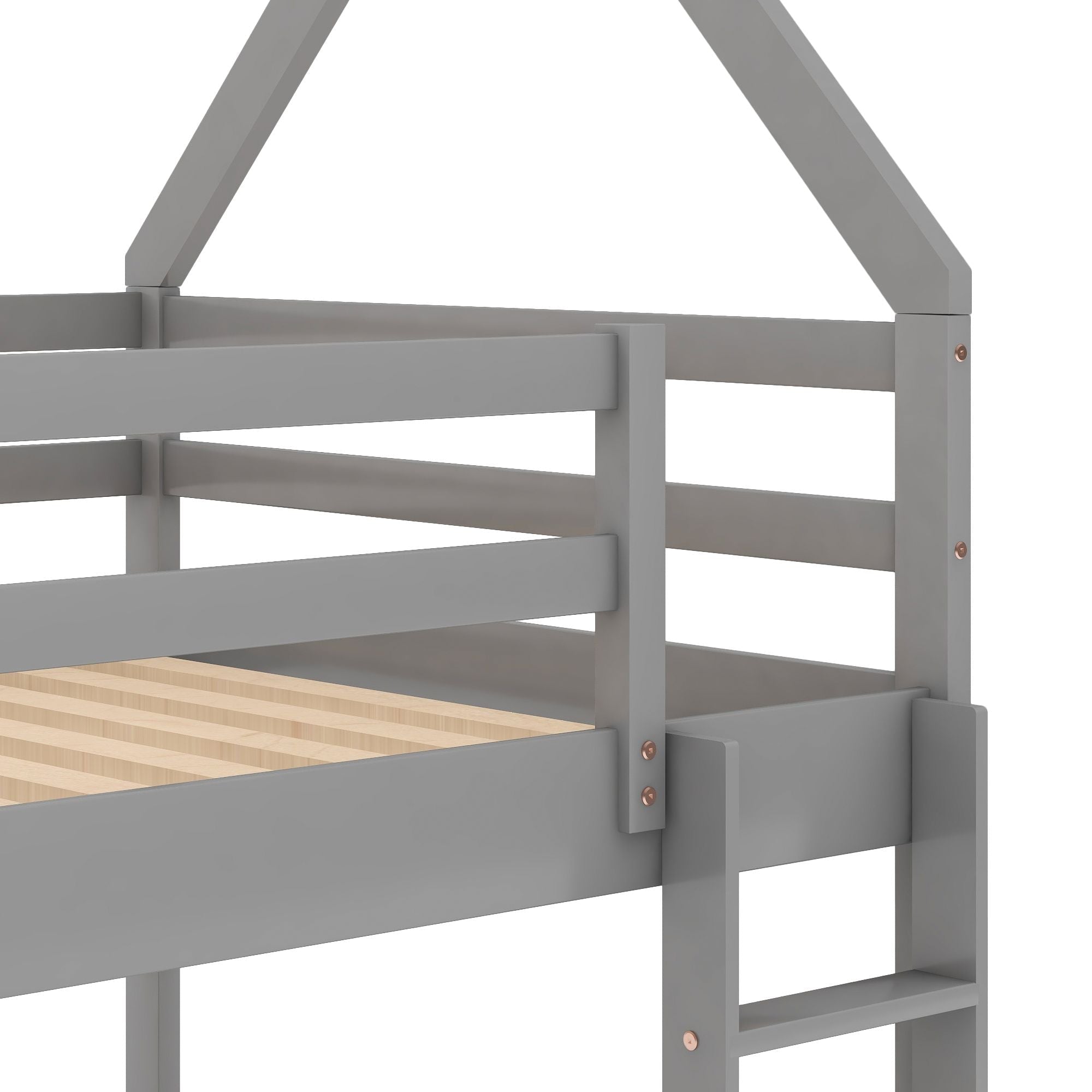 Kids Shared Room Twin Over Twin Low Wood Bunk Bed with House Frame and Ladder, Gray | Just Better Bunk Beds