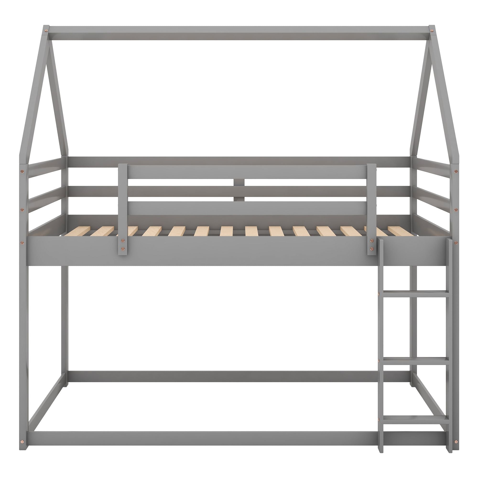 Kids Shared Room Twin Over Twin Low Wood Bunk Bed with House Frame and Ladder, Gray | Just Better Bunk Beds