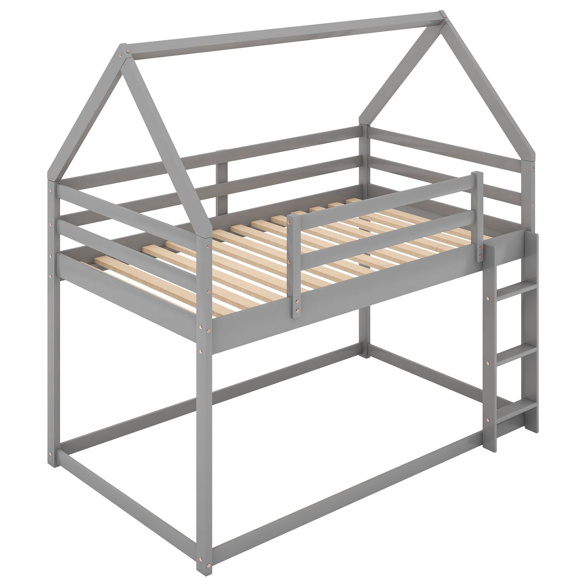 Kids Shared Room Twin Over Twin Low Wood Bunk Bed with House Frame and Ladder, Gray | Just Better Bunk Beds