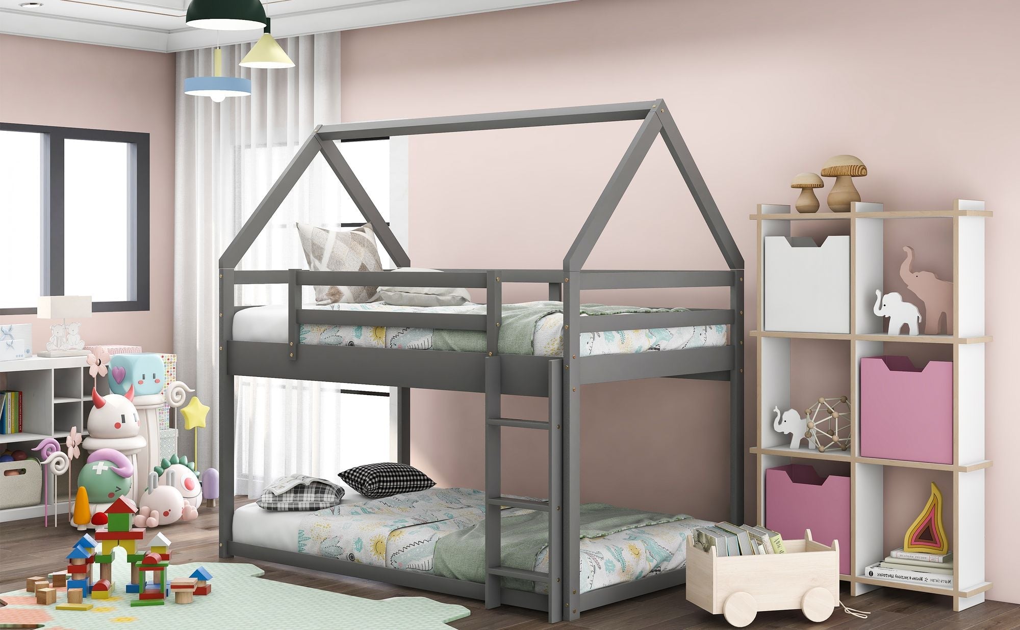 Kids Shared Room Twin Over Twin Low Wood Bunk Bed with House Frame and Ladder, Gray | Just Better Bunk Beds