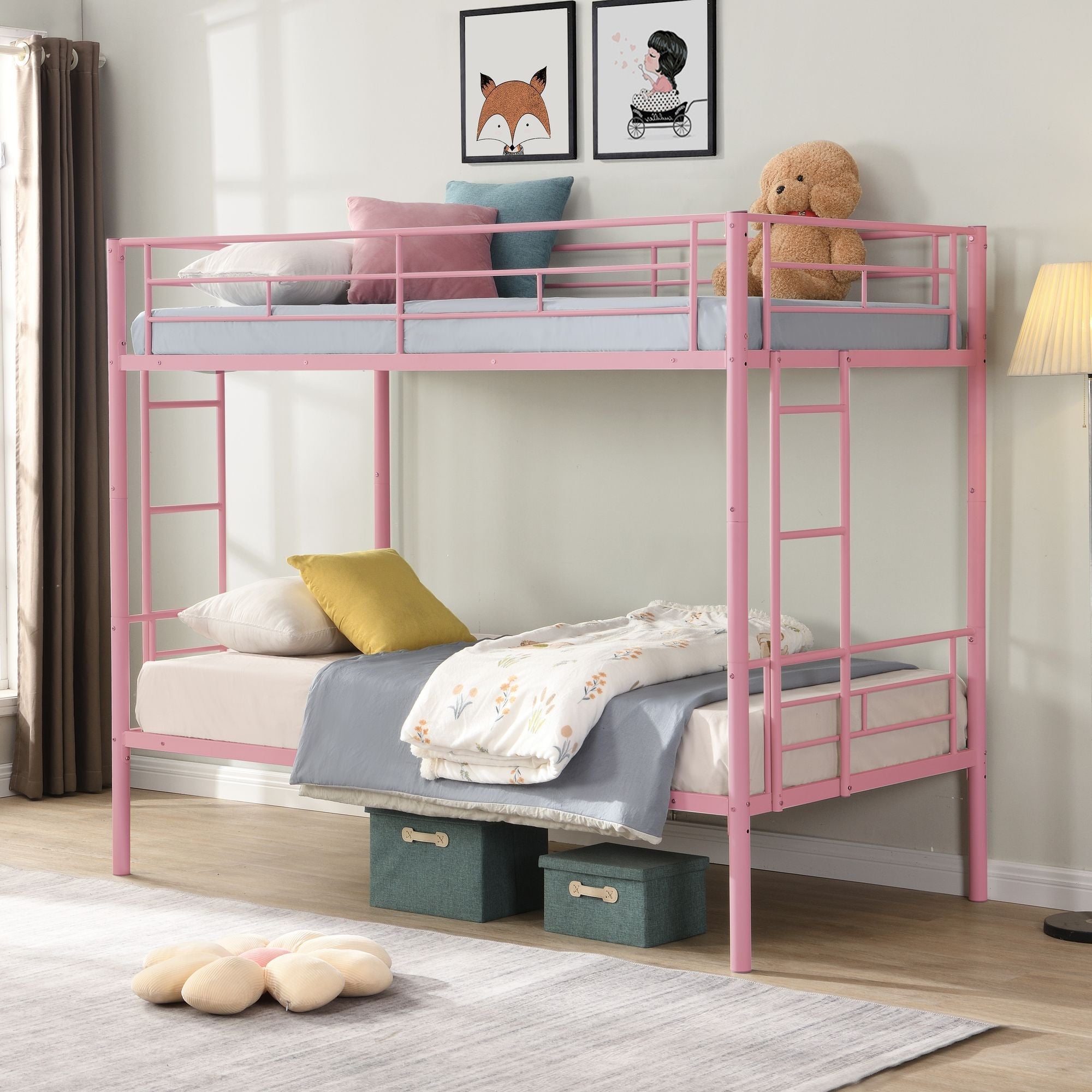 Kids Shared Room Twin Over Twin Metal Bunk Bed with 2 Ladders and Full-Length Guardrail, Black | Just Better Bunk Beds