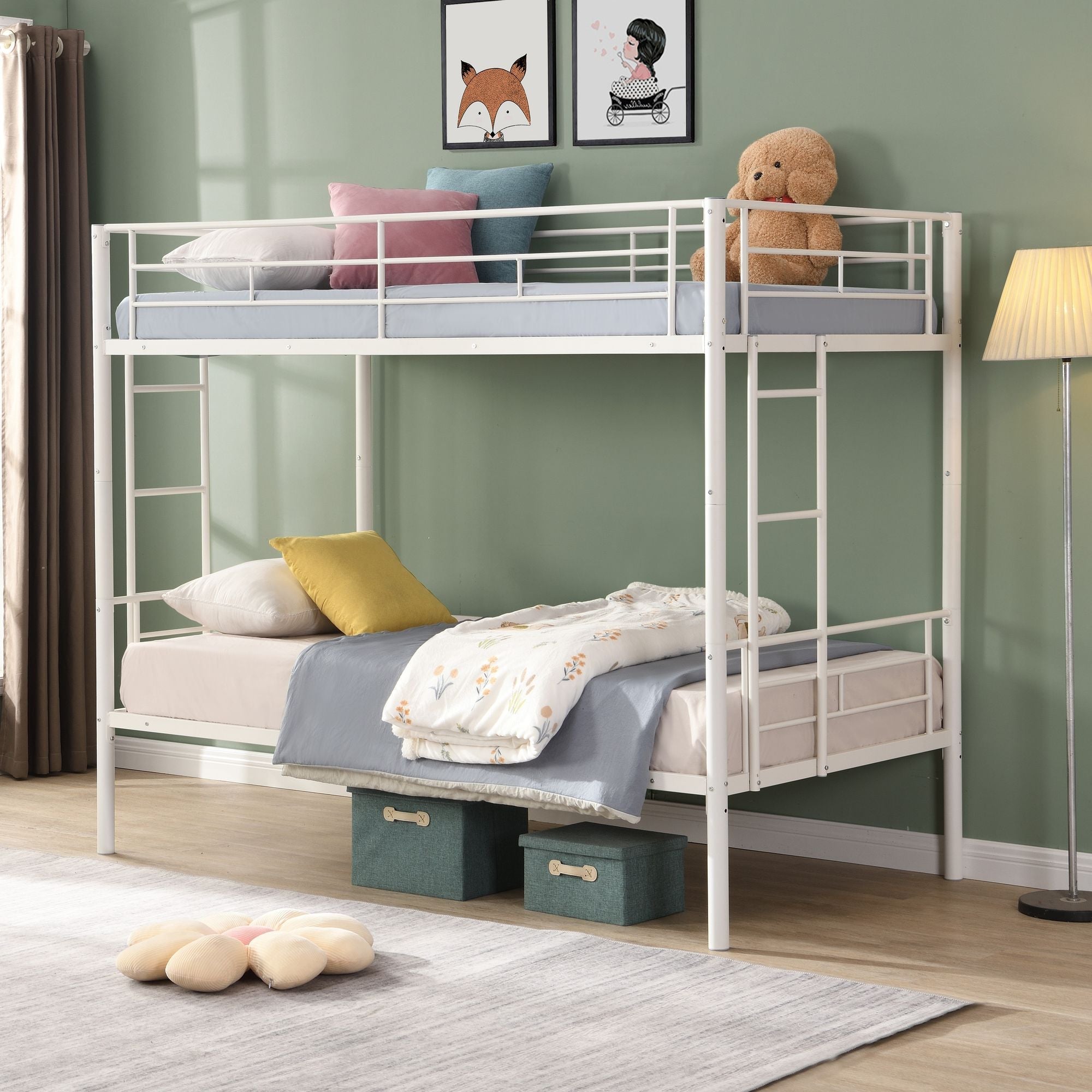 Kids Shared Room Twin Over Twin Metal Bunk Bed with 2 Ladders and Full-Length Guardrail, Black | Just Better Bunk Beds
