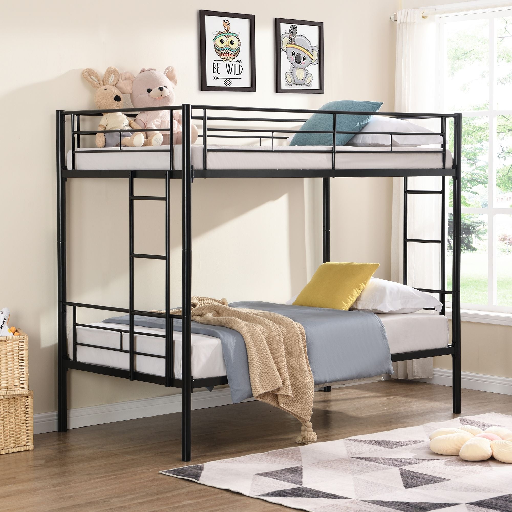 Kids Shared Room Twin Over Twin Metal Bunk Bed with 2 Ladders and Full-Length Guardrail, Black | Just Better Bunk Beds
