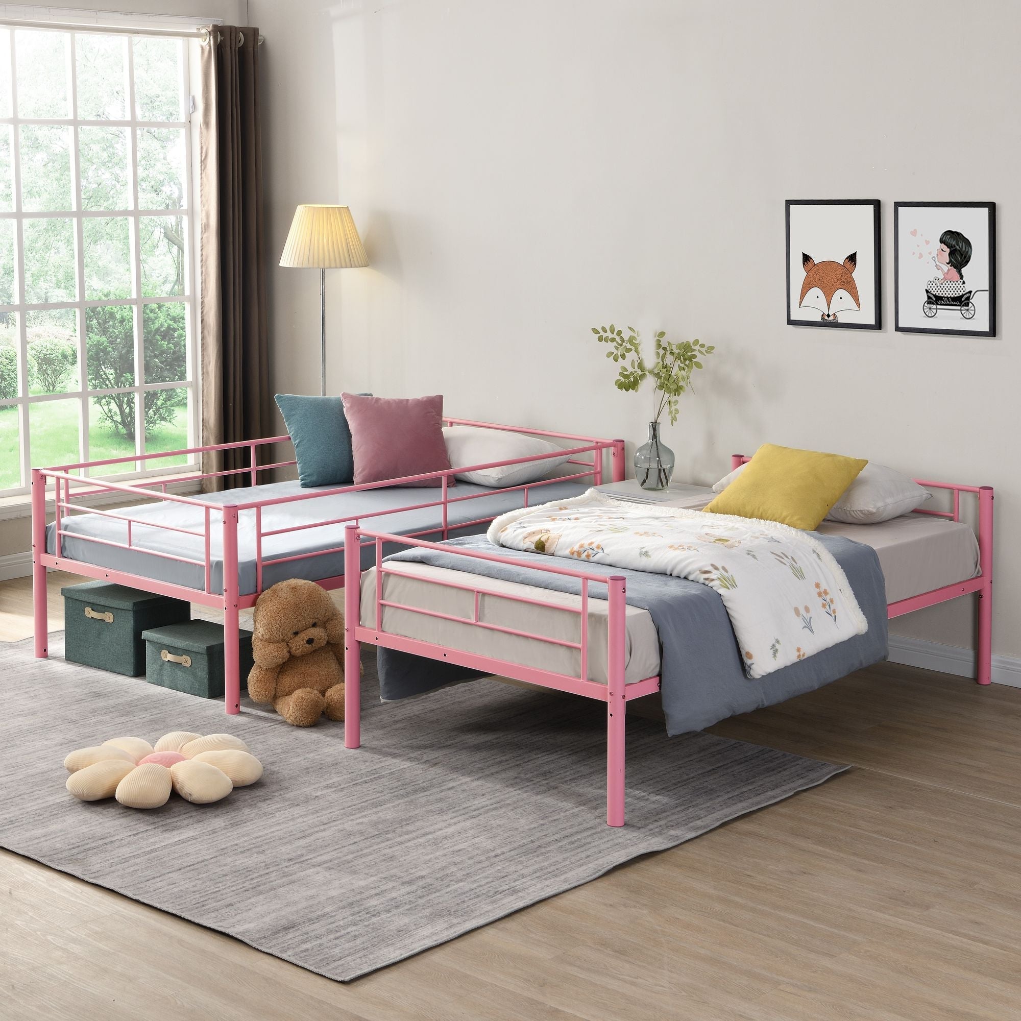 Kids Shared Room Twin Over Twin Metal Bunk Bed with 2 Ladders and Full-Length Guardrail, Black | Just Better Bunk Beds