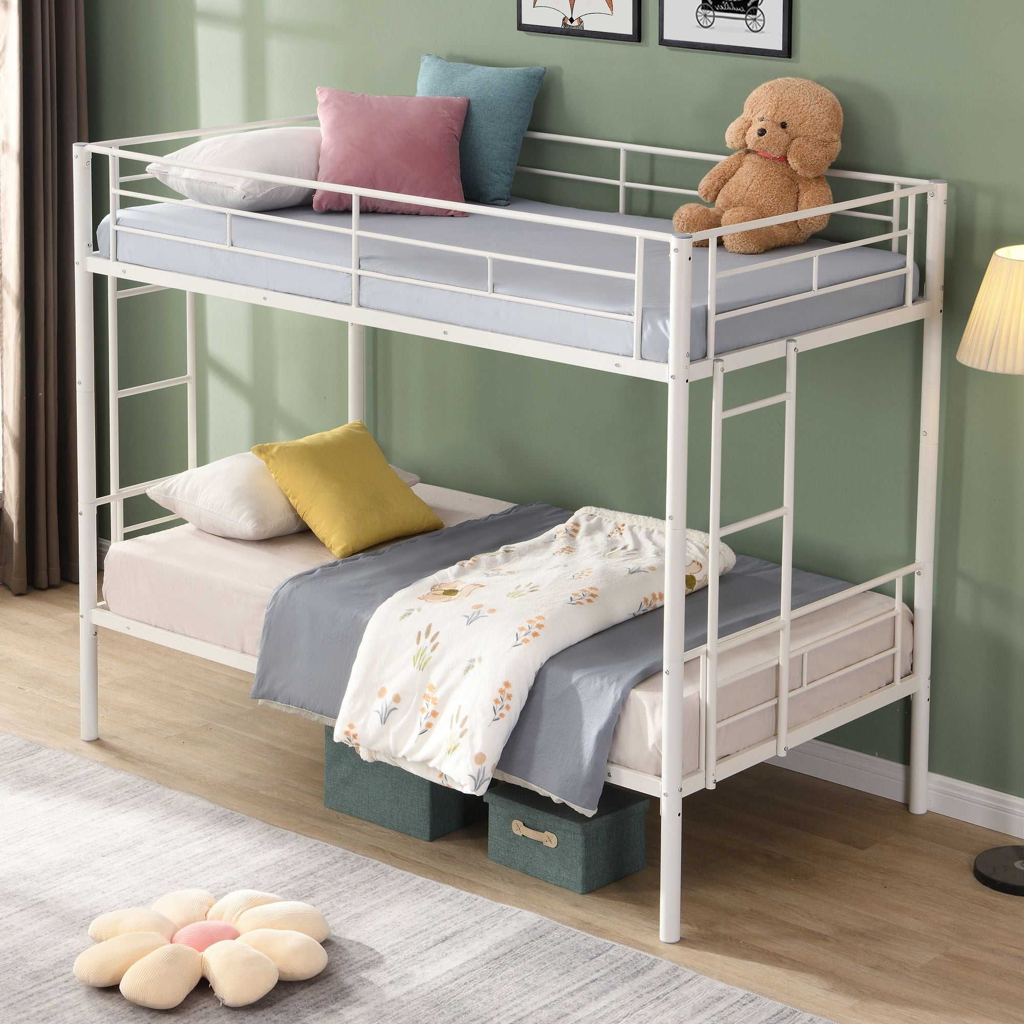 Kids Shared Room Twin Over Twin Metal Bunk Bed with 2 Ladders and Full-Length Guardrail, Black | Just Better Bunk Beds