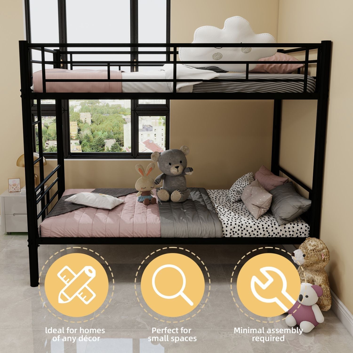Kids Shared Room Twin Over Twin Metal Bunk Bed with Ladder, Guardrail, Convertible Design in Black | Just Better Bunk Beds