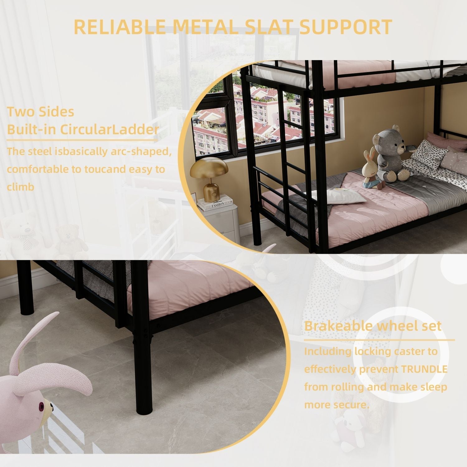 Kids Shared Room Twin Over Twin Metal Bunk Bed with Ladder, Guardrail, Convertible Design in Black | Just Better Bunk Beds
