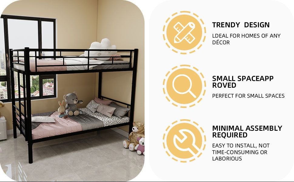 Kids Shared Room Twin Over Twin Metal Bunk Bed with Ladder, Guardrail, Convertible Design in Black | Just Better Bunk Beds