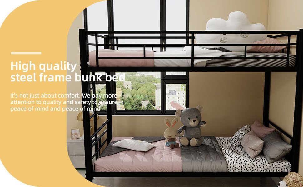 Kids Shared Room Twin Over Twin Metal Bunk Bed with Ladder, Guardrail, Convertible Design in Black | Just Better Bunk Beds