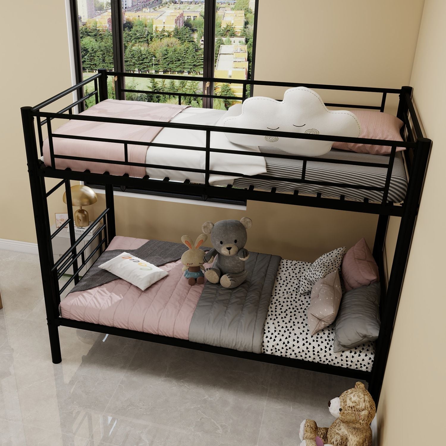 Kids Shared Room Twin Over Twin Metal Bunk Bed with Ladder, Guardrail, Convertible Design in Black | Just Better Bunk Beds