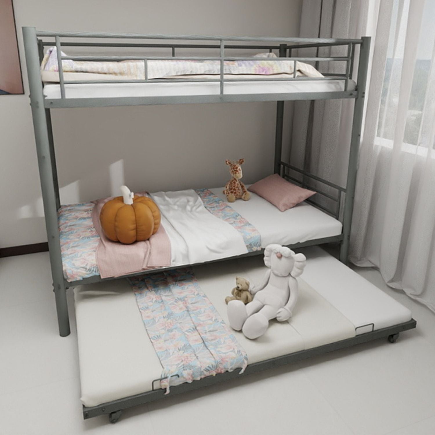 Kids Shared Room Twin Over Twin Metal Bunk Bed with Safety Guardrails, Noise-Reduced Silver Finish | Just Better Bunk Beds