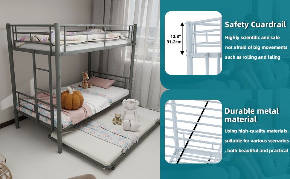 Kids Shared Room Twin Over Twin Metal Bunk Bed with Safety Guardrails, Noise-Reduced Silver Finish | Just Better Bunk Beds