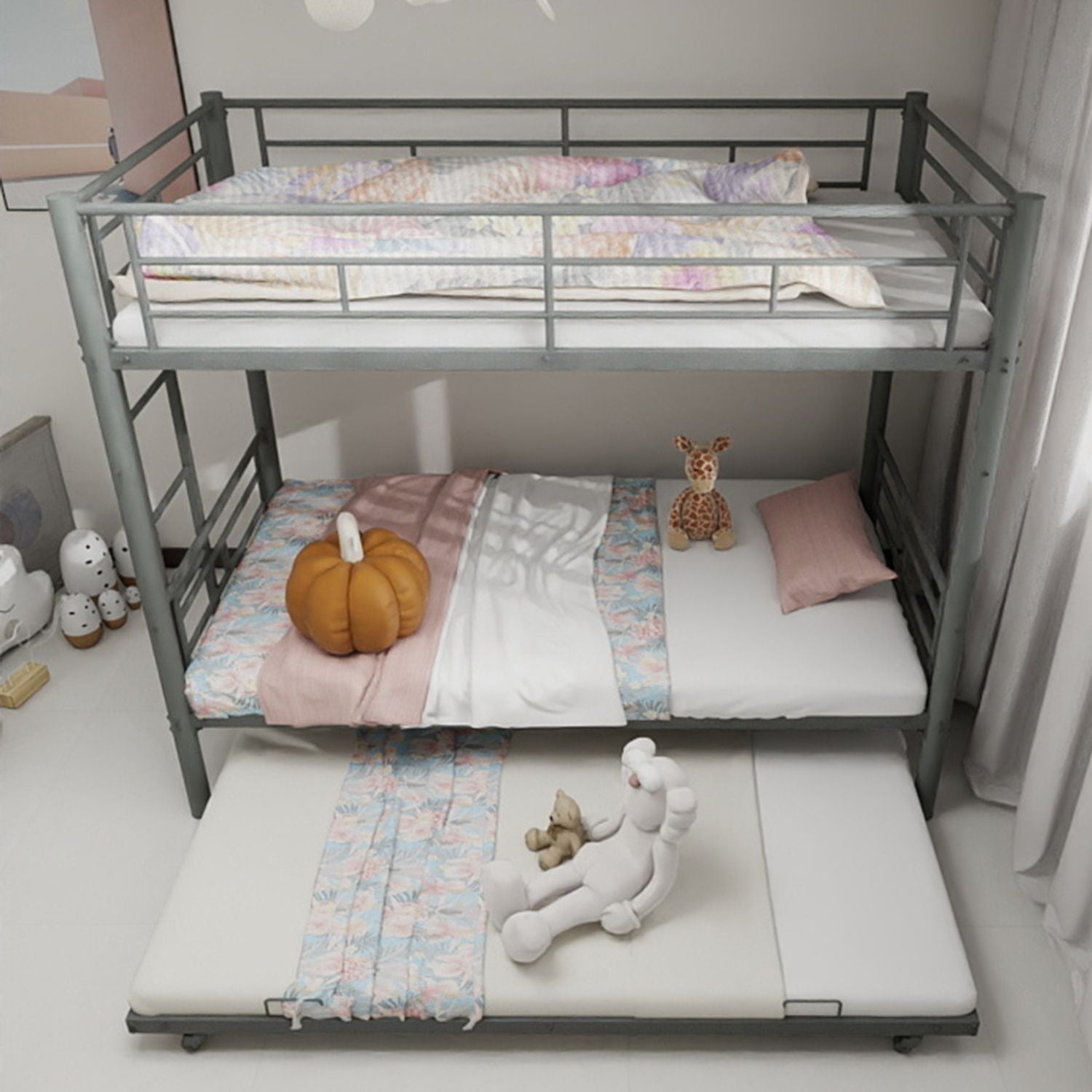 Kids Shared Room Twin Over Twin Metal Bunk Bed with Safety Guardrails, Noise-Reduced Silver Finish | Just Better Bunk Beds