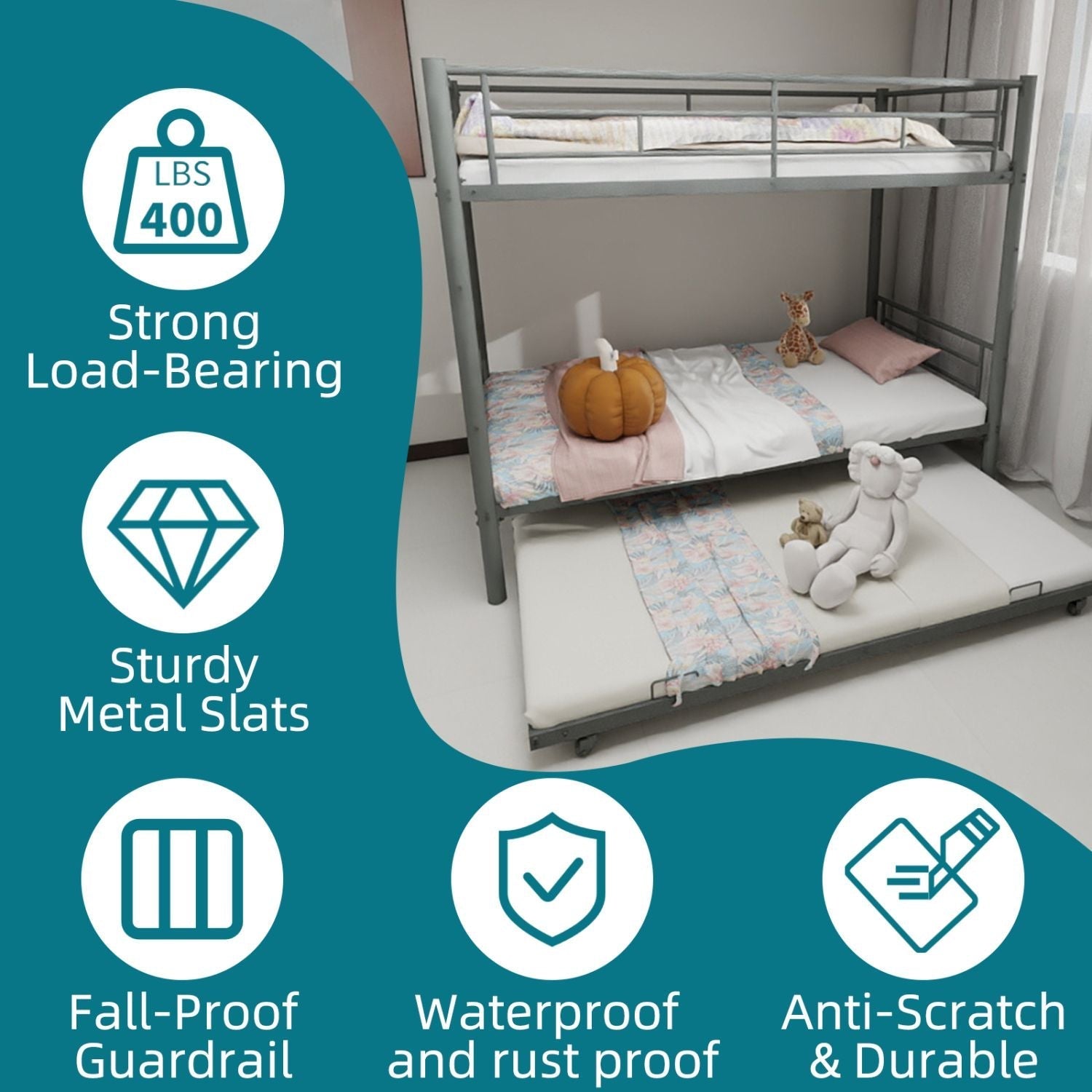 Kids Shared Room Twin Over Twin Metal Bunk Bed with Safety Guardrails, Noise-Reduced Silver Finish | Just Better Bunk Beds