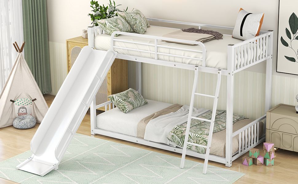 Kids Shared Room Twin Over Twin Metal Bunk Bed with Slide, Ladder, White or Black | Just Better Bunk Beds