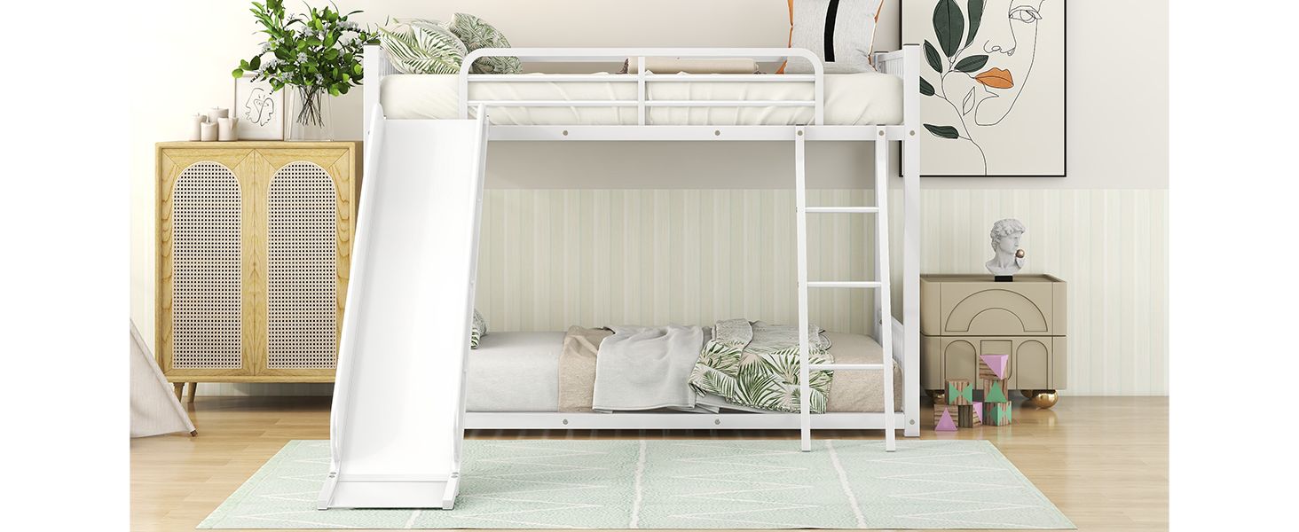 Kids Shared Room Twin Over Twin Metal Bunk Bed with Slide, Ladder, White or Black | Just Better Bunk Beds