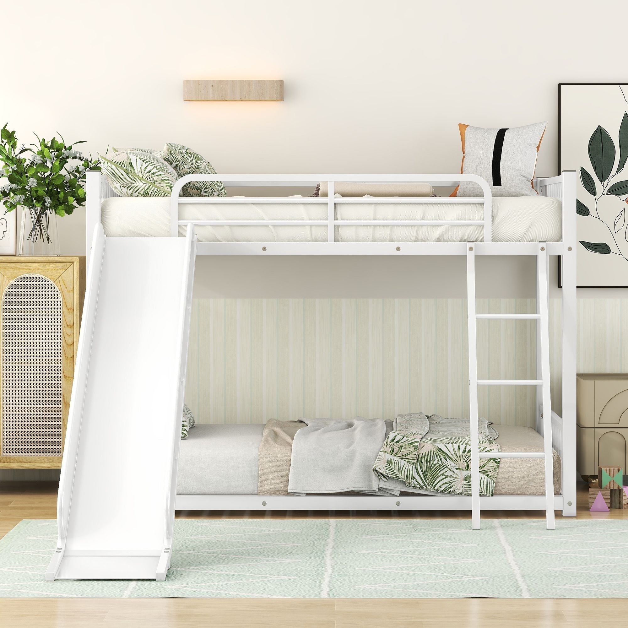 Kids Shared Room Twin Over Twin Metal Bunk Bed with Slide, Ladder, White or Black | Just Better Bunk Beds