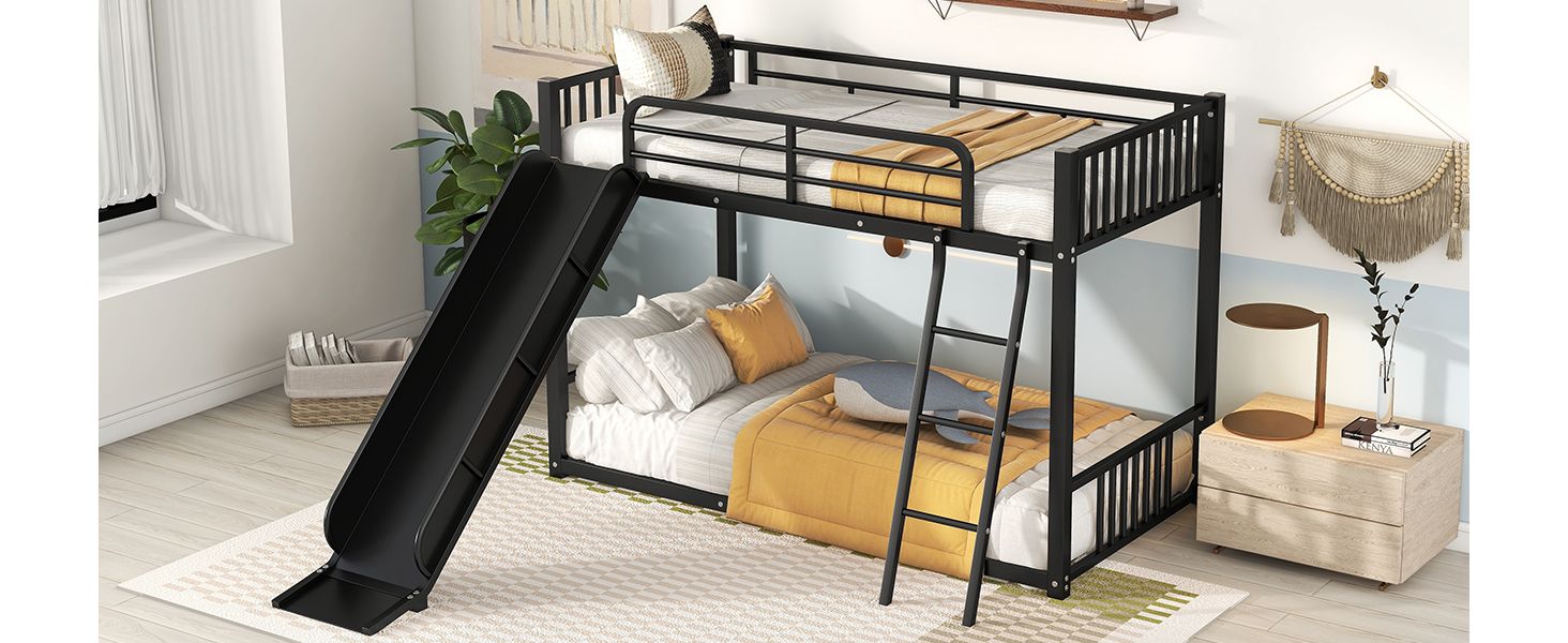 Kids Shared Room Twin Over Twin Metal Bunk Bed with Slide, Ladder, White or Black | Just Better Bunk Beds
