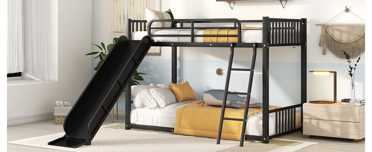 Kids Shared Room Twin Over Twin Metal Bunk Bed with Slide, Ladder, White or Black | Just Better Bunk Beds