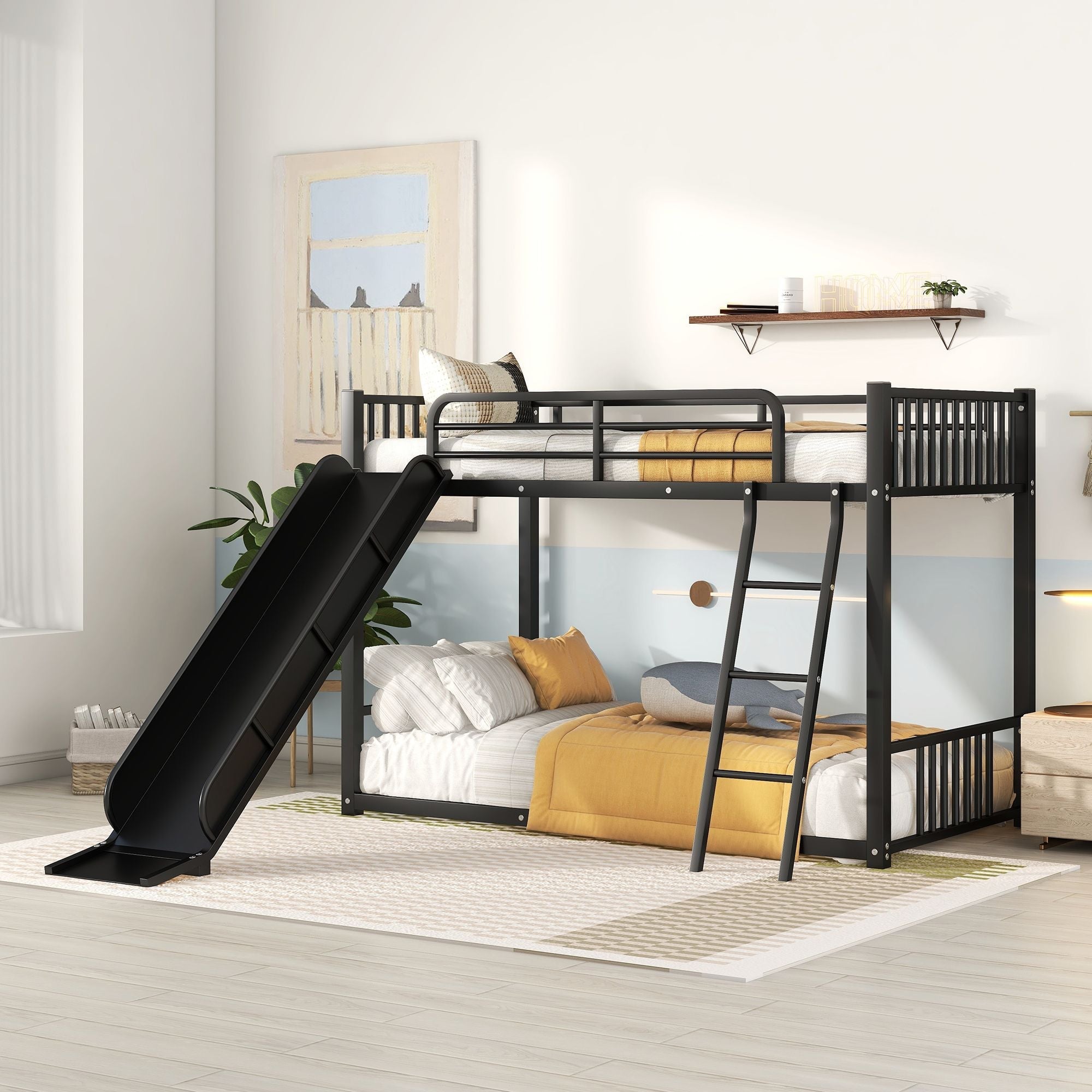 Kids Shared Room Twin Over Twin Metal Bunk Bed with Slide, Ladder, White or Black | Just Better Bunk Beds