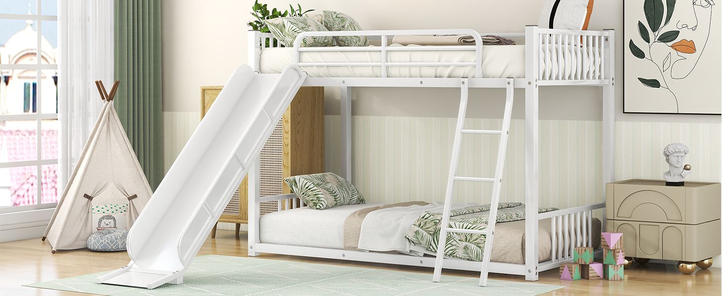 Kids Shared Room Twin Over Twin Metal Bunk Bed with Slide, Ladder, White or Black | Just Better Bunk Beds