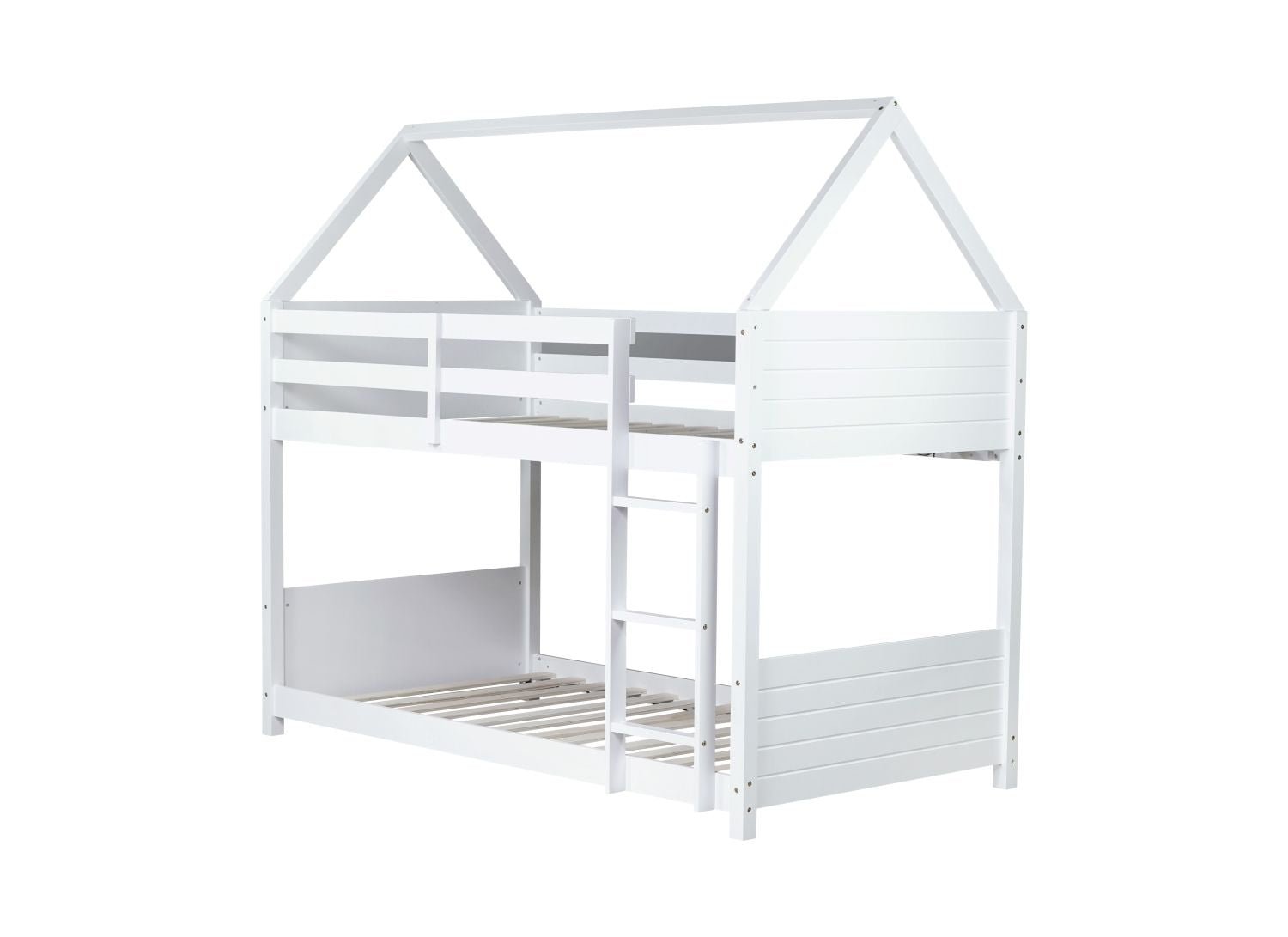 Kids Shared Room Twin Over Twin Rubber Wood House Floor Bunk Bed with Guardrails Ladder White | Just Better Bunk Beds