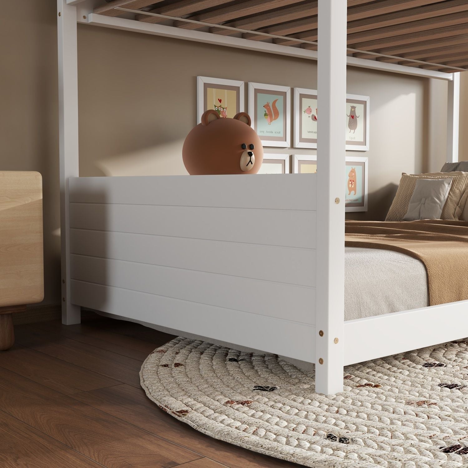 Kids Shared Room Twin Over Twin Rubber Wood House Floor Bunk Bed with Guardrails Ladder White | Just Better Bunk Beds