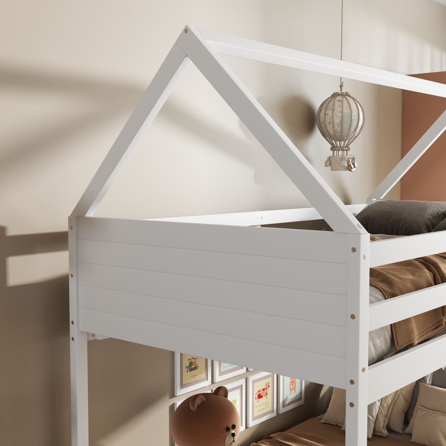 Kids Shared Room Twin Over Twin Rubber Wood House Floor Bunk Bed with Guardrails Ladder White | Just Better Bunk Beds