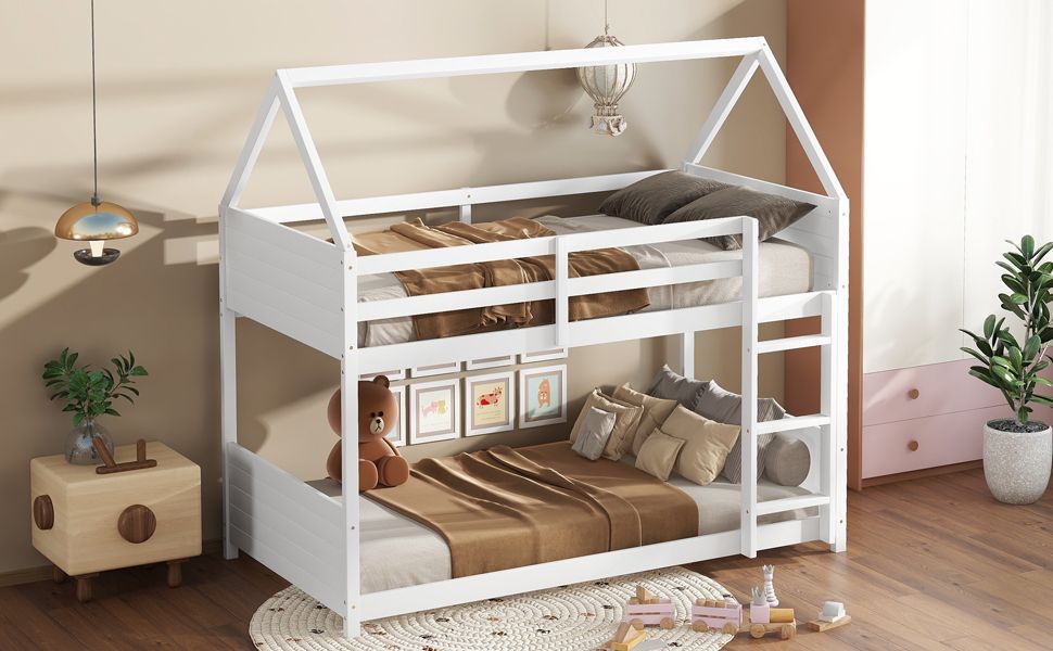 Kids Shared Room Twin Over Twin Rubber Wood House Floor Bunk Bed with Guardrails Ladder White | Just Better Bunk Beds