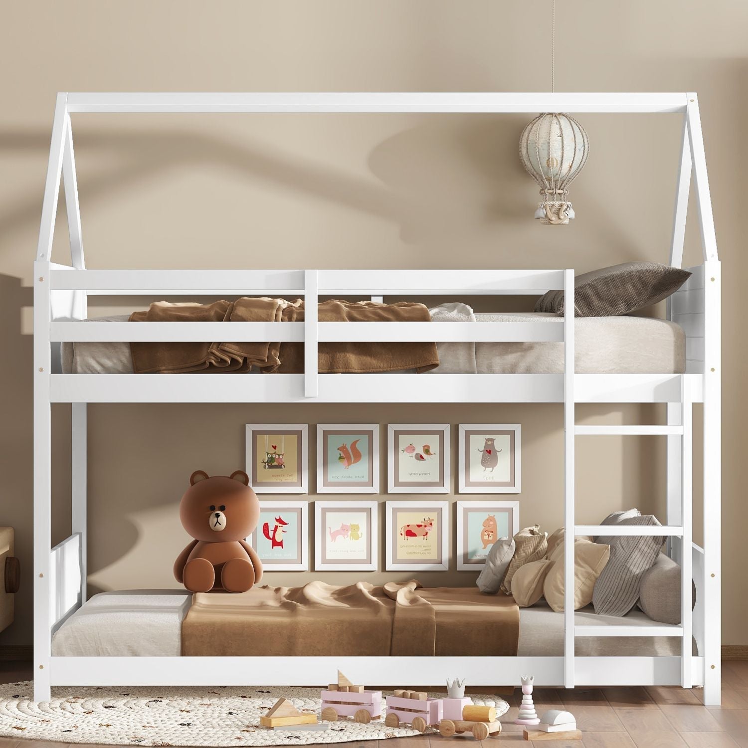 Kids Shared Room Twin Over Twin Rubber Wood House Floor Bunk Bed with Guardrails Ladder White | Just Better Bunk Beds