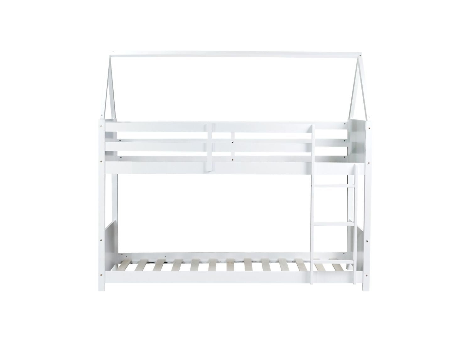 Kids Shared Room Twin Over Twin Rubber Wood House Floor Bunk Bed with Guardrails Ladder White | Just Better Bunk Beds
