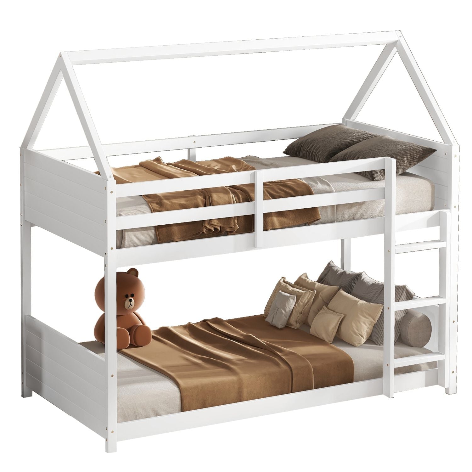 Kids Shared Room Twin Over Twin Rubber Wood House Floor Bunk Bed with Guardrails Ladder White | Just Better Bunk Beds