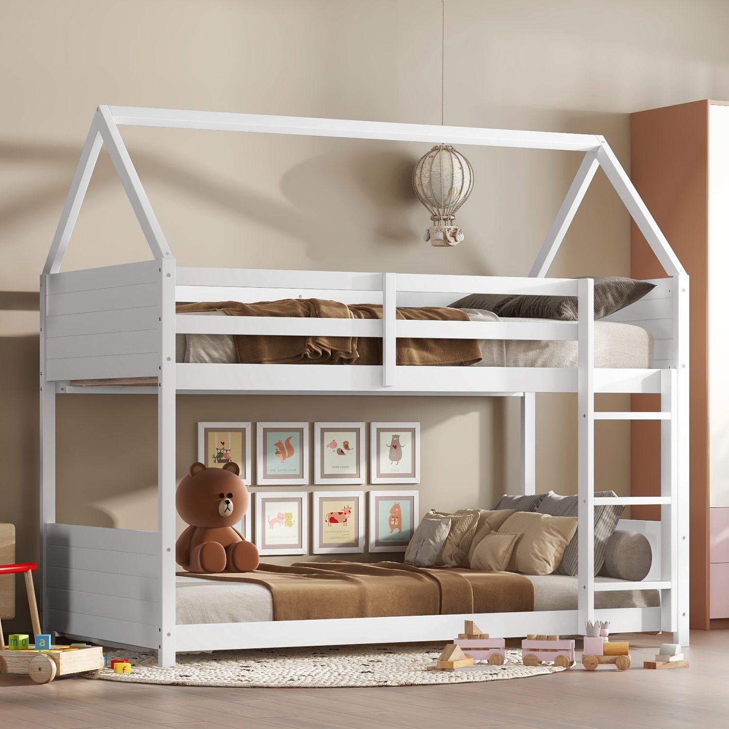 Kids Shared Room Twin Over Twin Rubber Wood House Floor Bunk Bed with Guardrails Ladder White | Just Better Bunk Beds