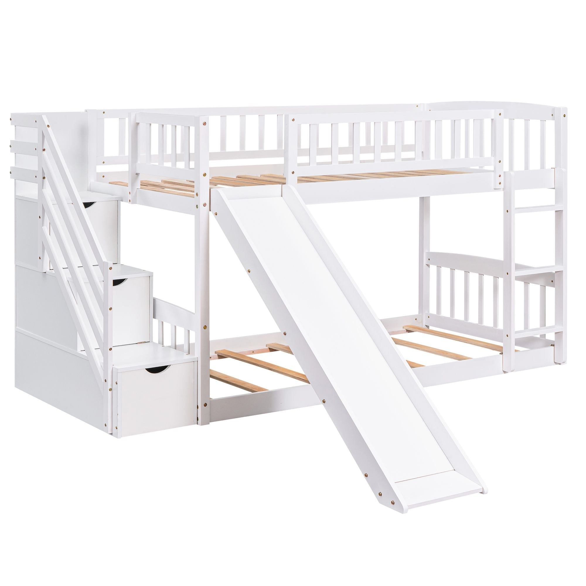 Kids Shared Room Twin over Twin Stairway Bunk Bed with Storage Drawers and Slide, White Wood | Just Better Bunk Beds