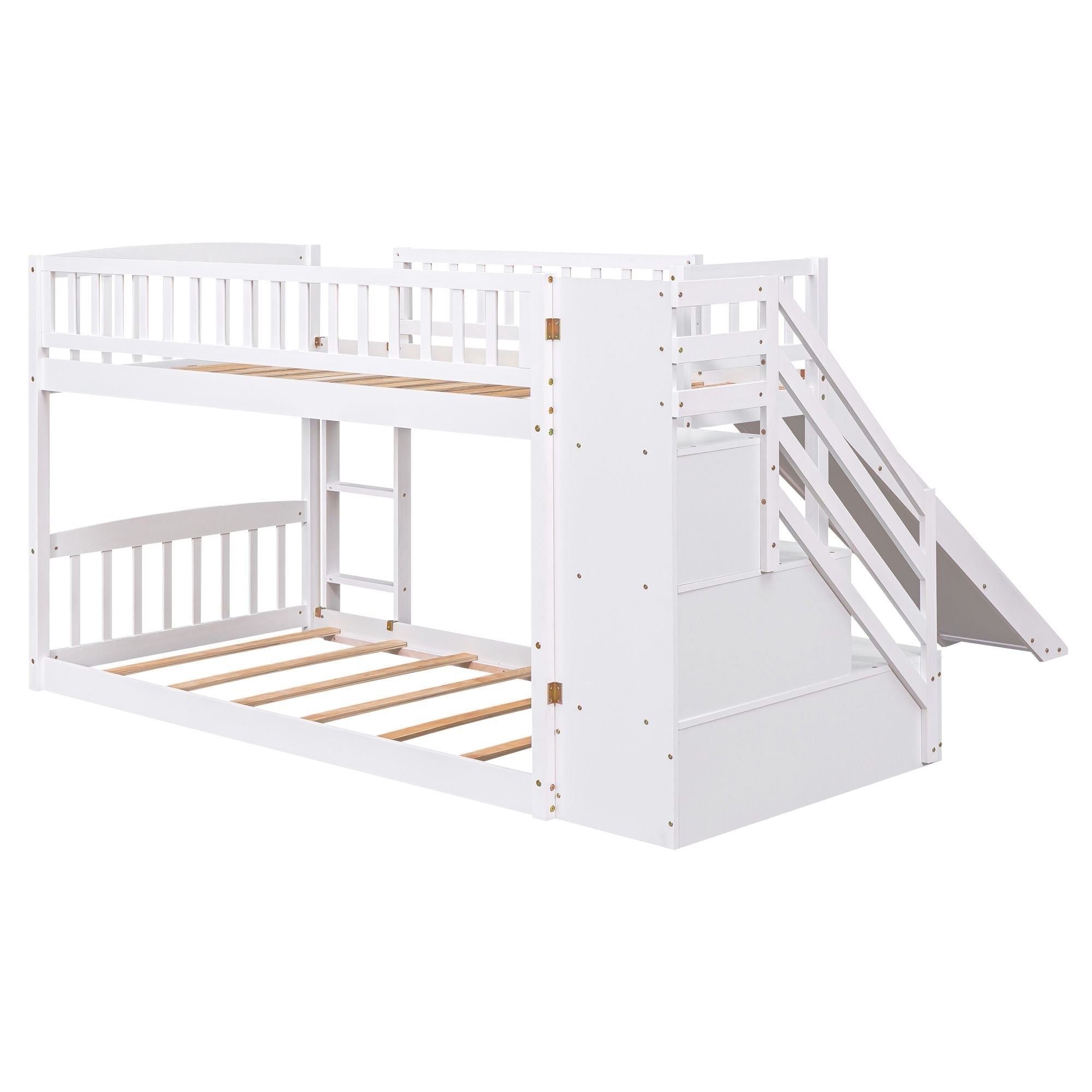 Kids Shared Room Twin over Twin Stairway Bunk Bed with Storage Drawers and Slide, White Wood | Just Better Bunk Beds
