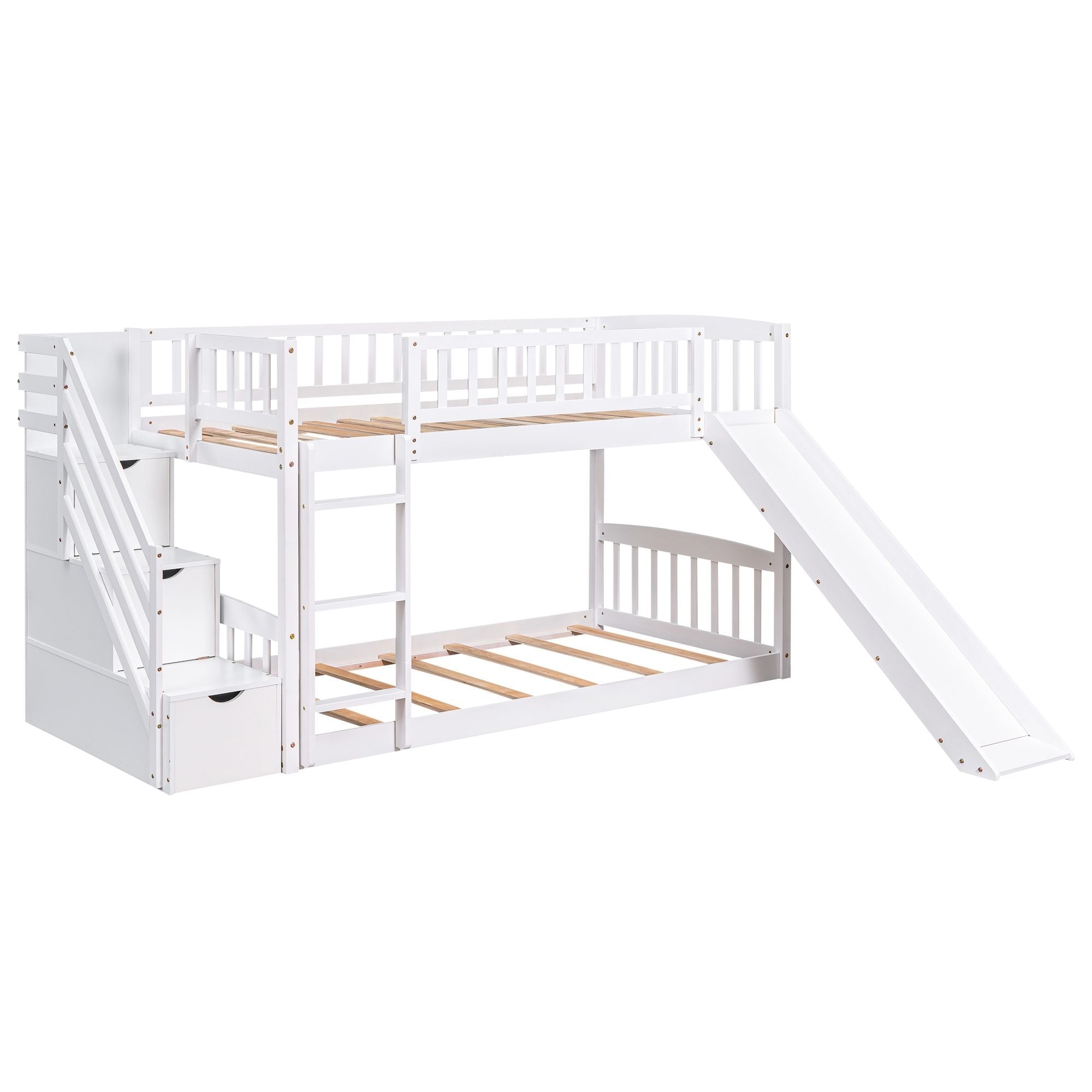 Kids Shared Room Twin over Twin Stairway Bunk Bed with Storage Drawers and Slide, White Wood | Just Better Bunk Beds