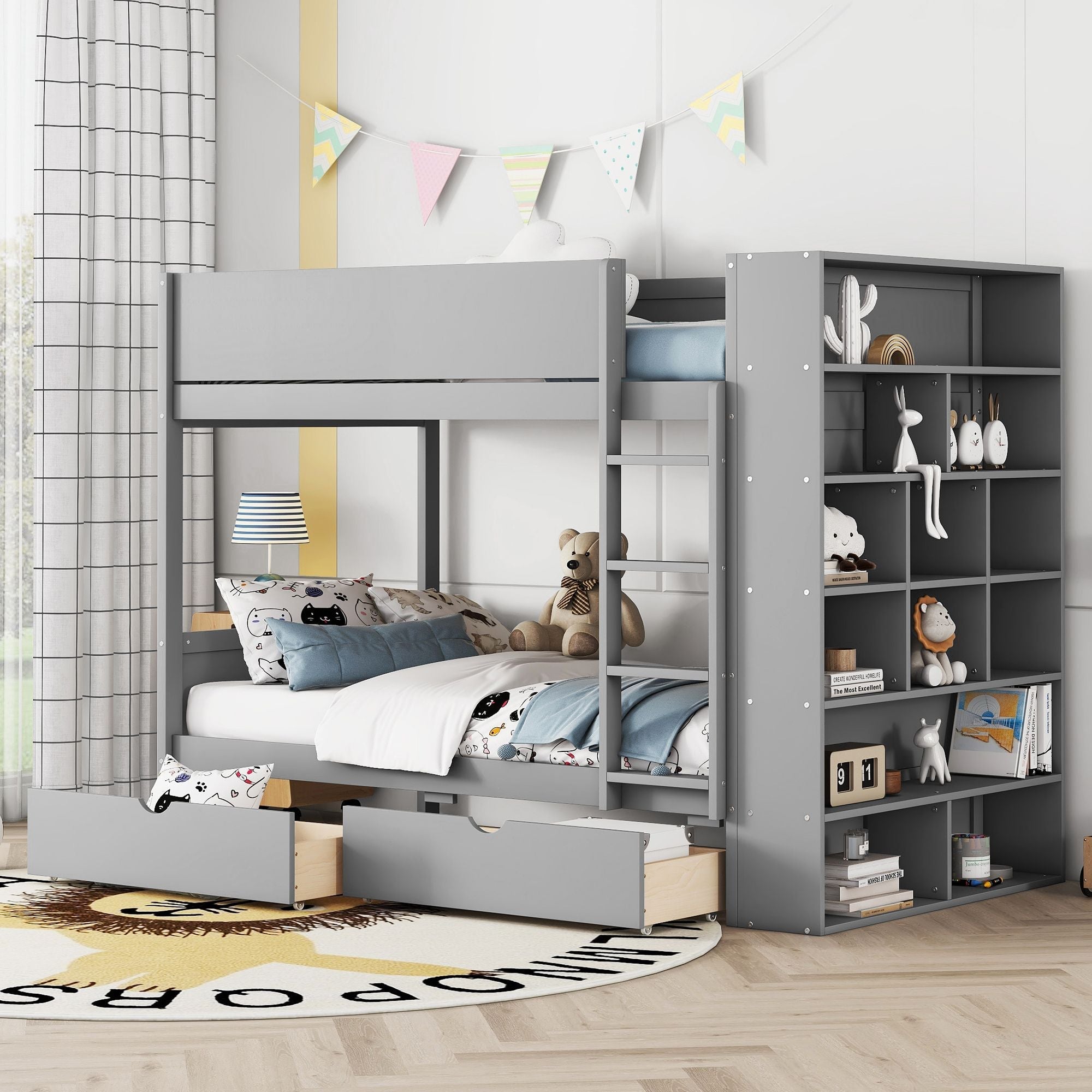 Kids Shared Room Twin Over Twin Wood Bunk Bed with 2 Drawers and Multi-layer Cabinet, Gray | Just Better Bunk Beds
